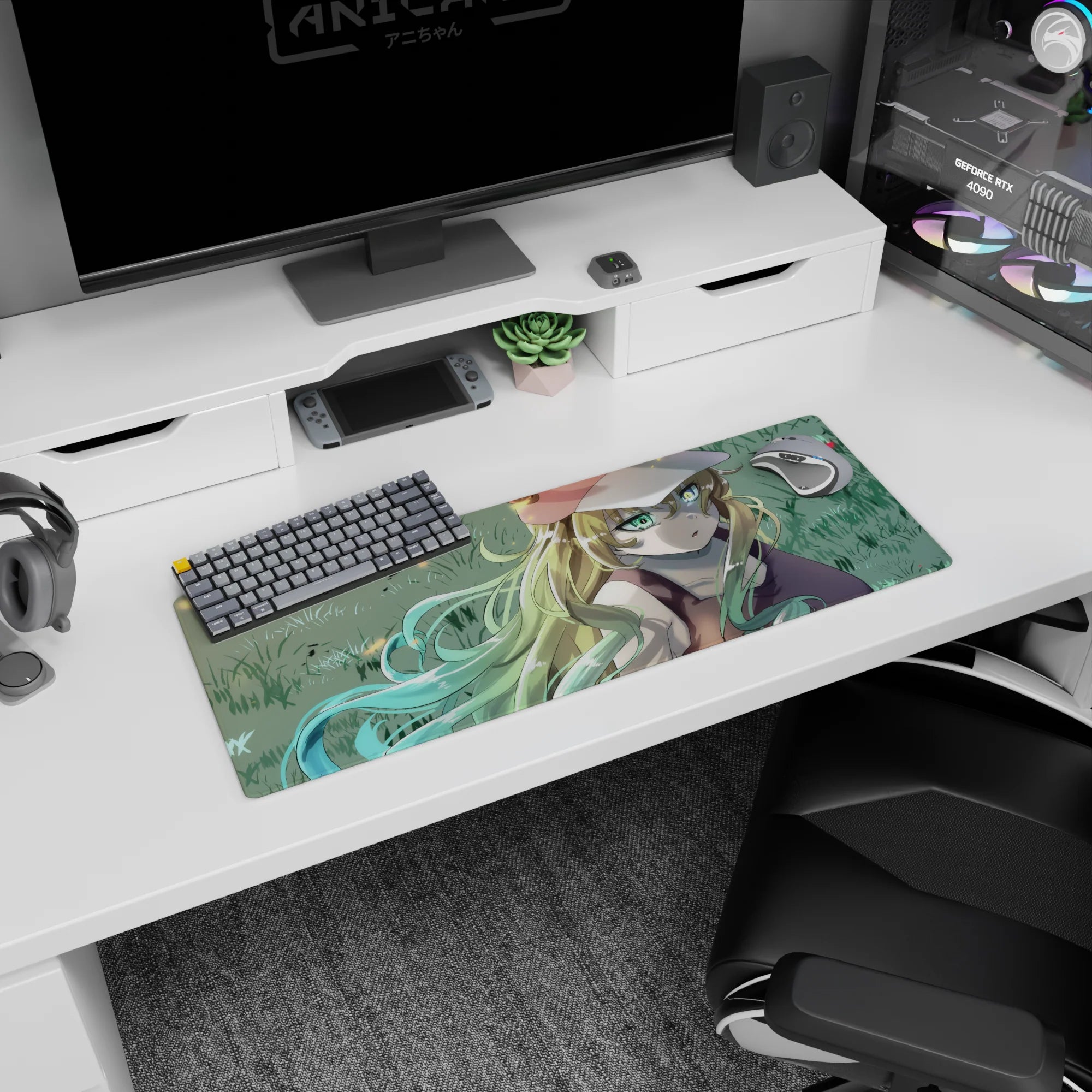 32x12 inches anime girl mouse pad showing dreamy blonde girl gazing up, sparks drifting, pouty cozy pose.