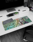 32x12 inches anime girl mouse pad showing dreamy blonde girl gazing up, sparks drifting, pouty cozy pose.