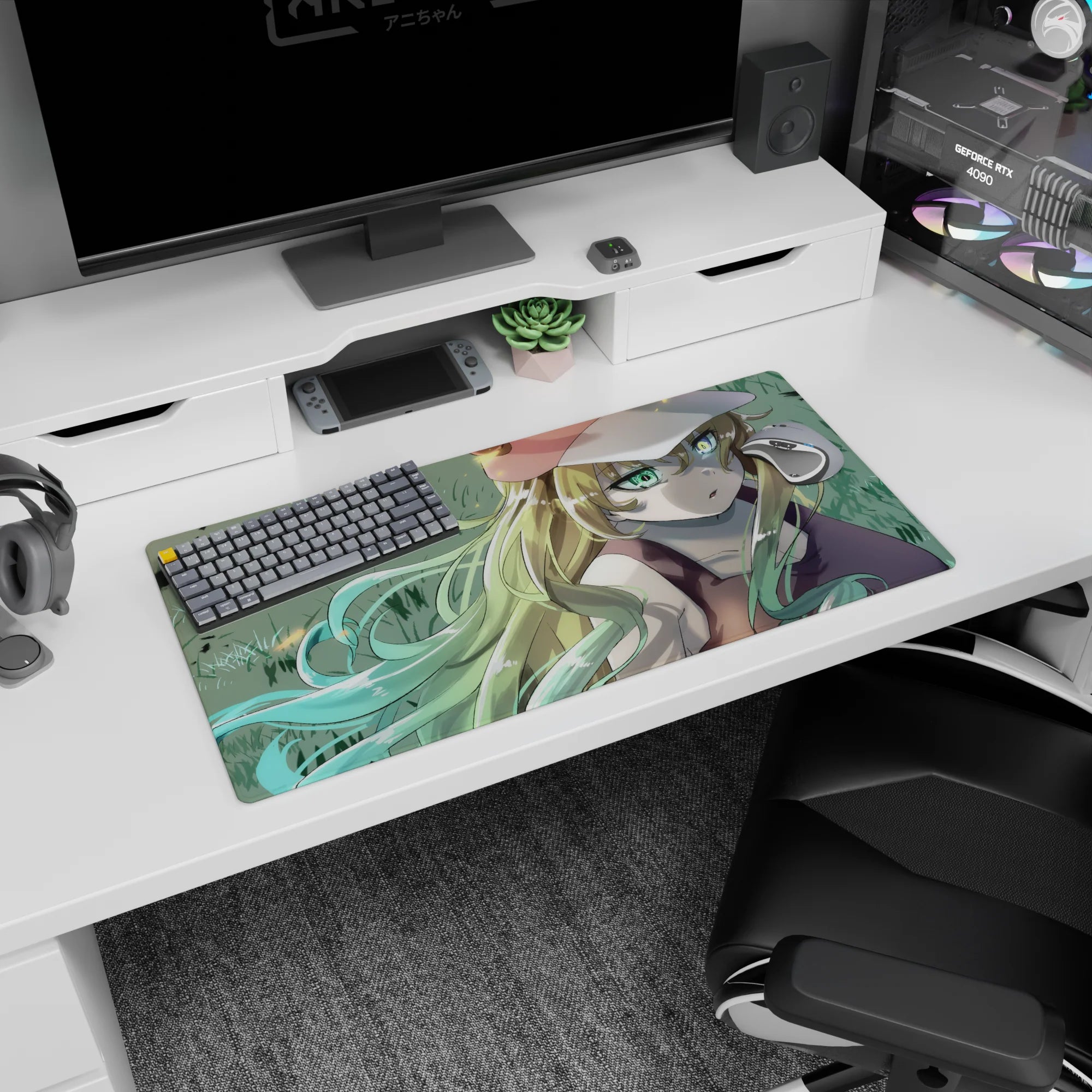 32x16 inches anime girl mouse pad showing a blonde girl gazing up with bright green eyes and drifting sparks.
