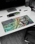 32x16 inches anime girl mouse pad showing a blonde girl gazing up with bright green eyes and drifting sparks.