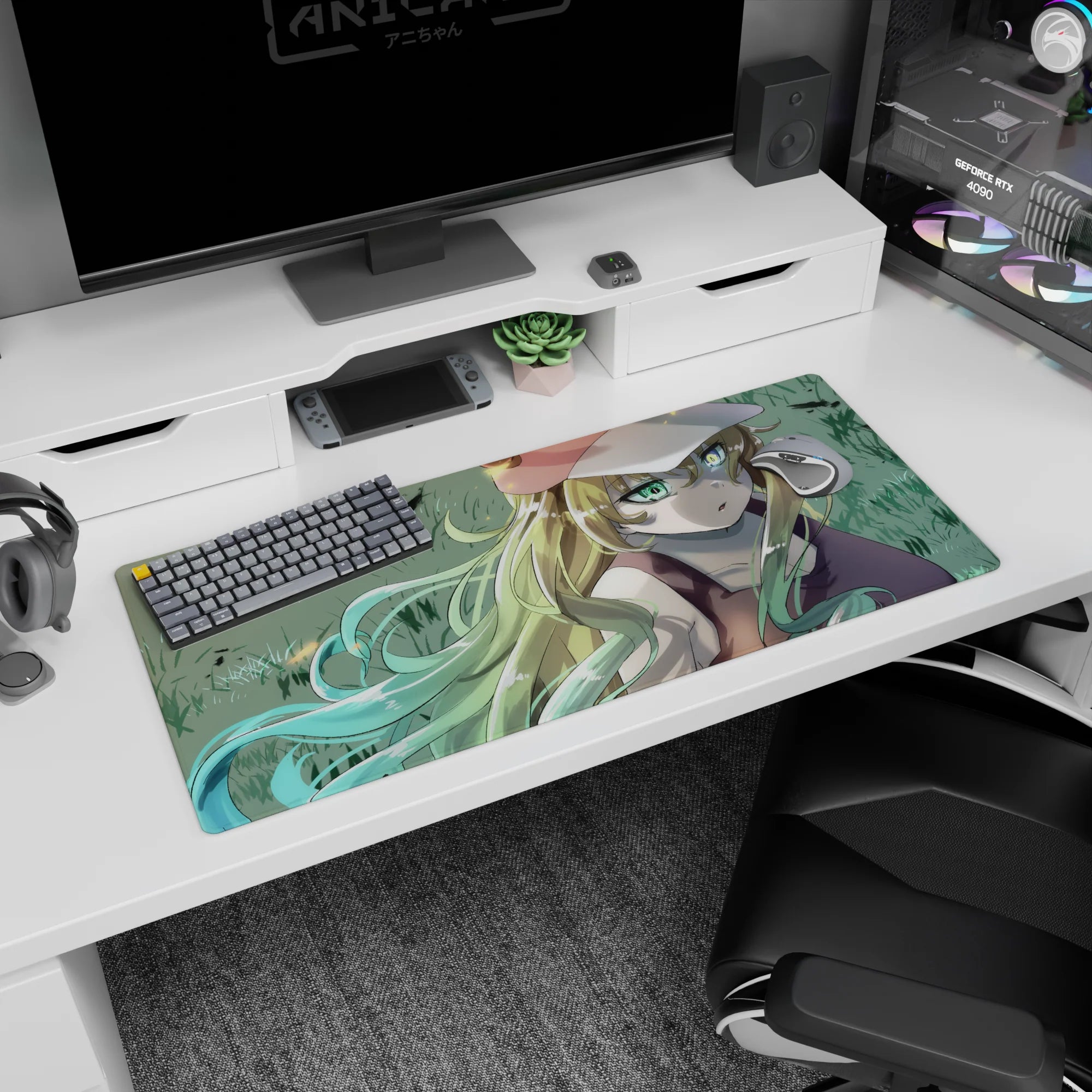 36x16 inches desk pad showing a dreamy blonde anime girl gazing up, sparks drifting in mint hair.