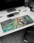 36x16 inches desk pad showing a dreamy blonde anime girl gazing up, sparks drifting in mint hair.