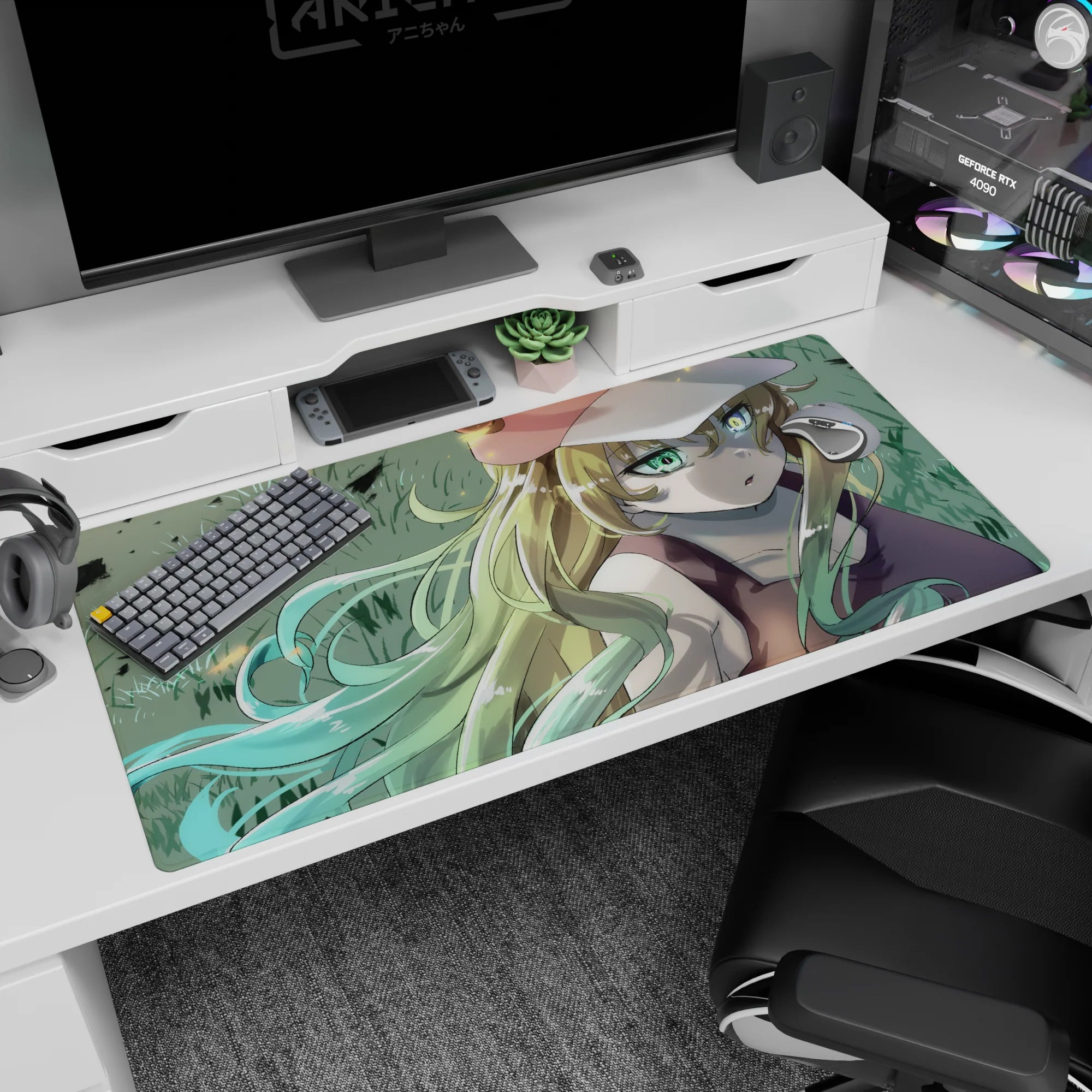Bright green-eyed blonde anime girl gazing up on desk pad 40x20 inches, long mint-and-gold hair flowing.