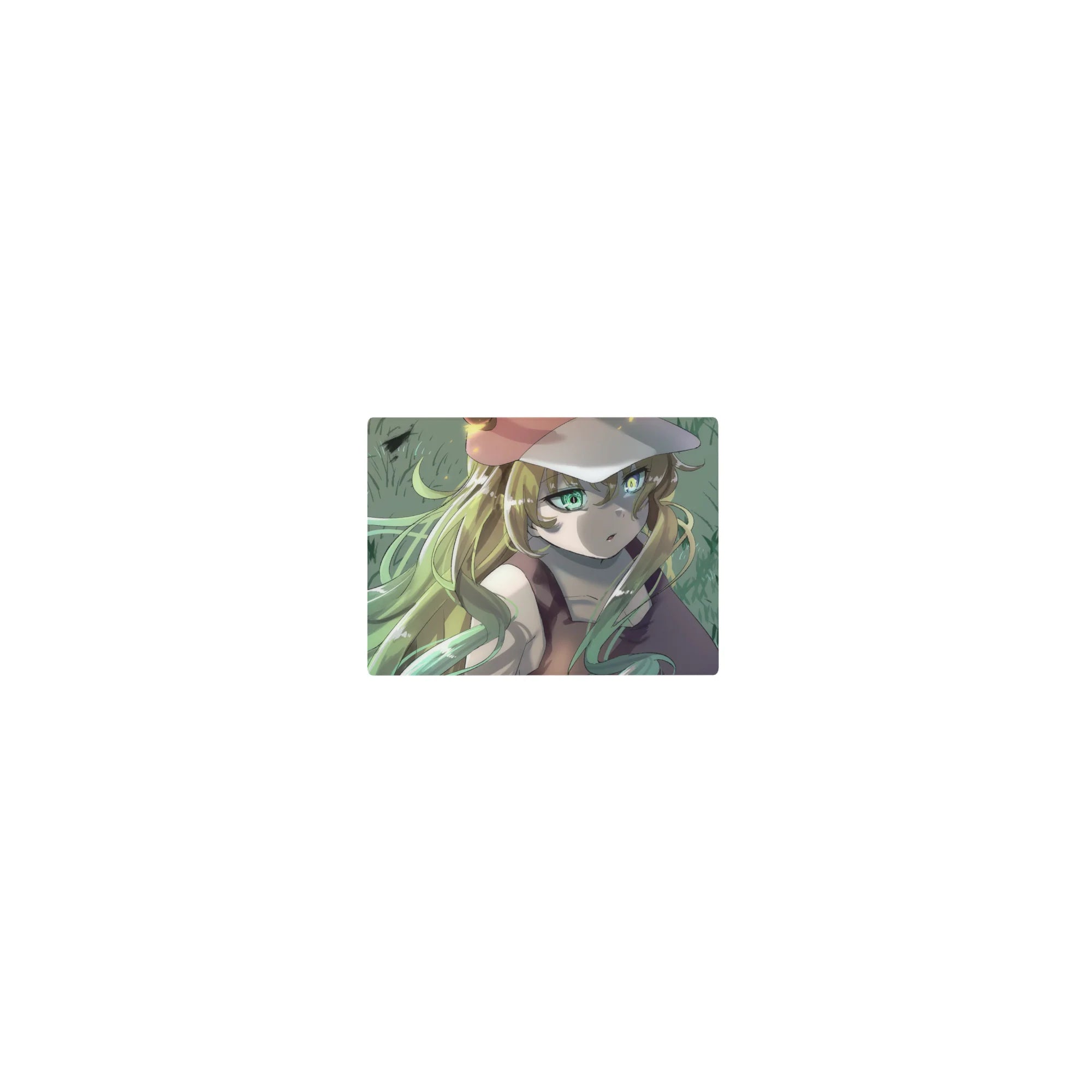 Classic anime girl mouse pad 14x10 inches with blonde hair, green eyes, cap, and sleeveless outfit.