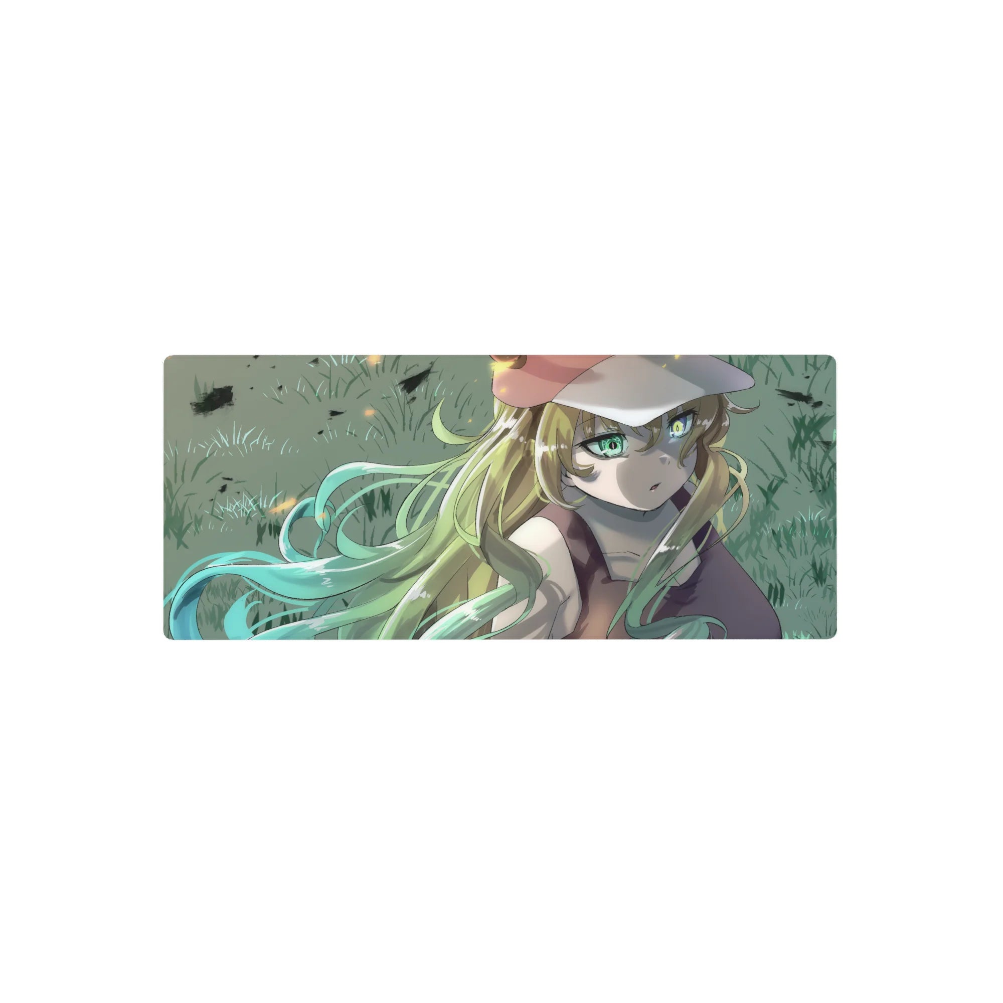 28x12 inches anime girl mouse pad with blonde girl, green eyes, mint-gold hair ribbons, cute cap.