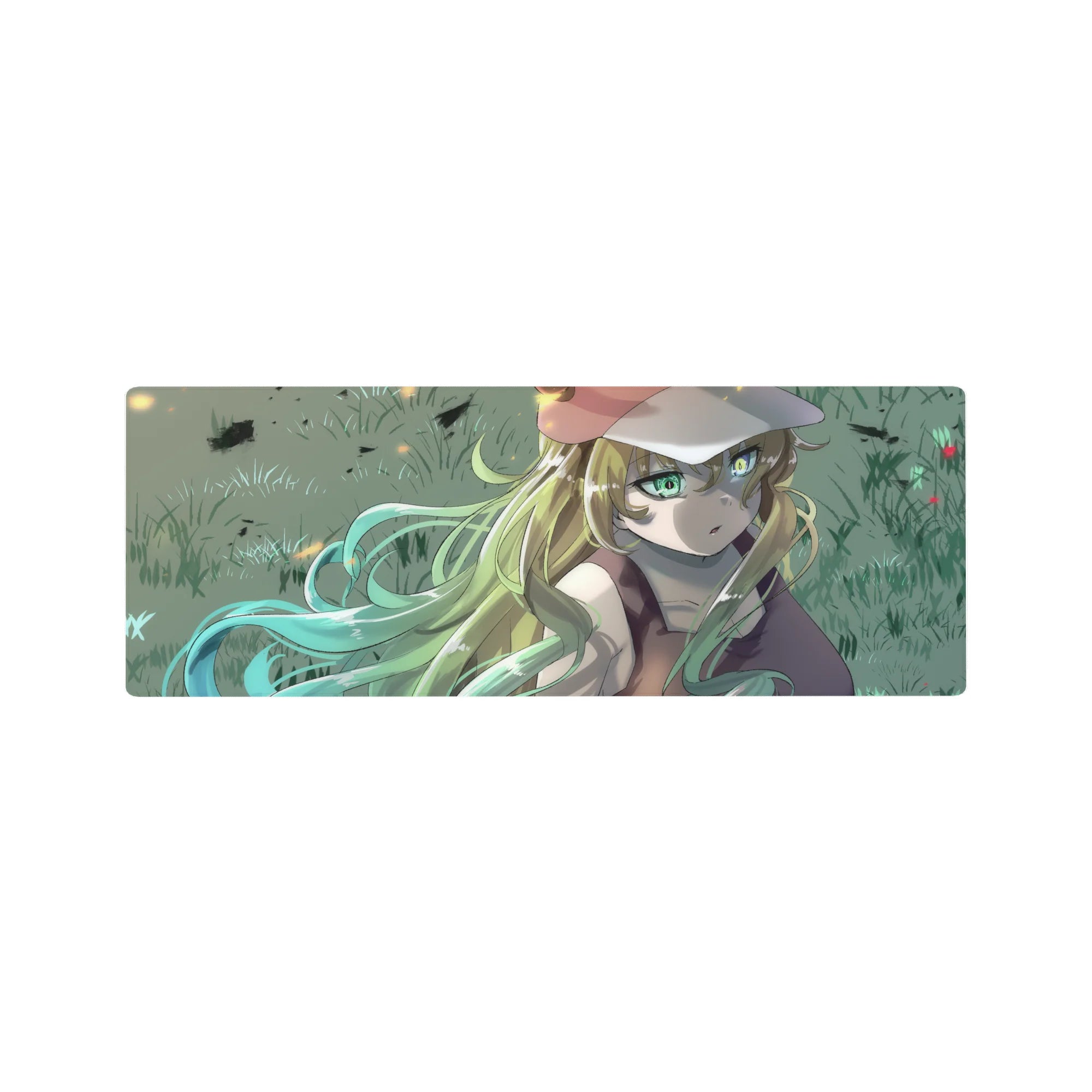 32x12 inches anime girl mouse pad with blonde girl, green eyes, cute cap, and smooth gradient art.