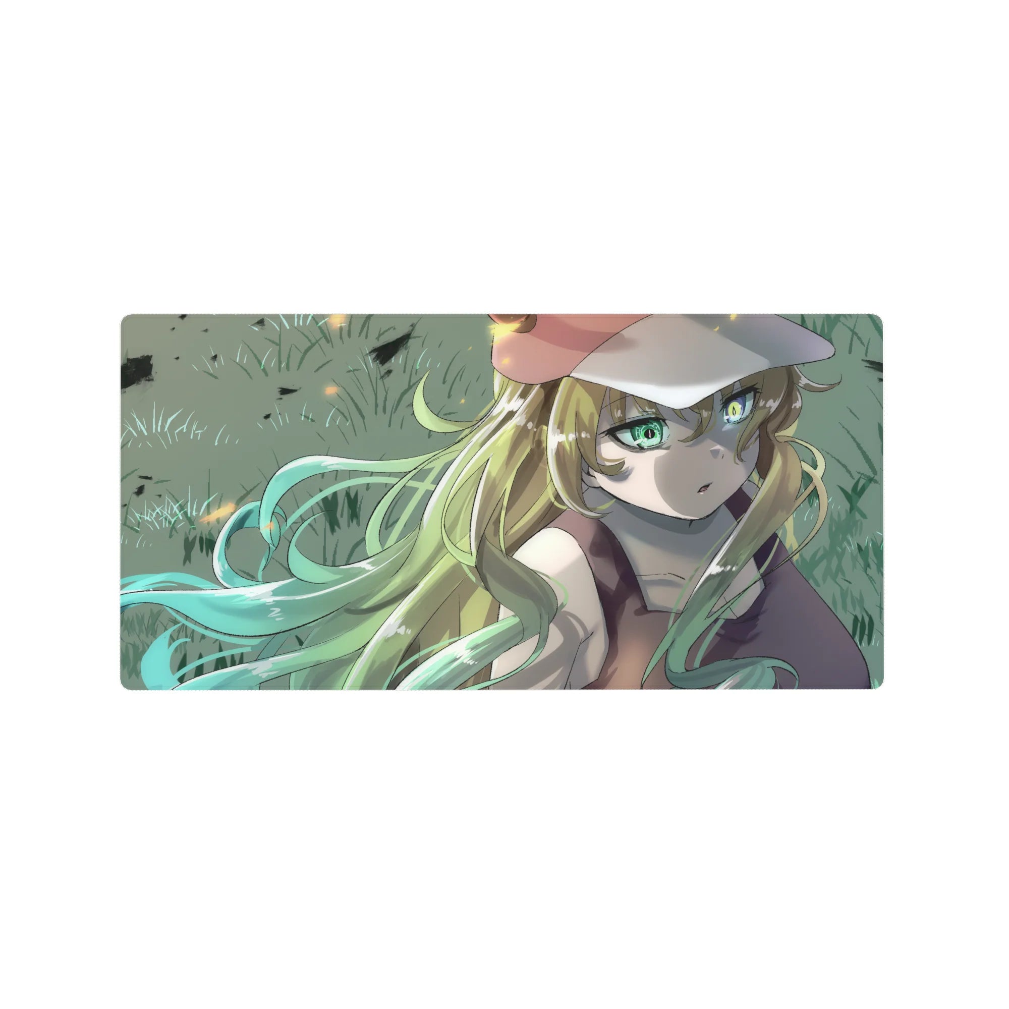 32x16 inches anime girl mouse pad with dreamy blonde girl, green eyes, cap, and smooth gradients.