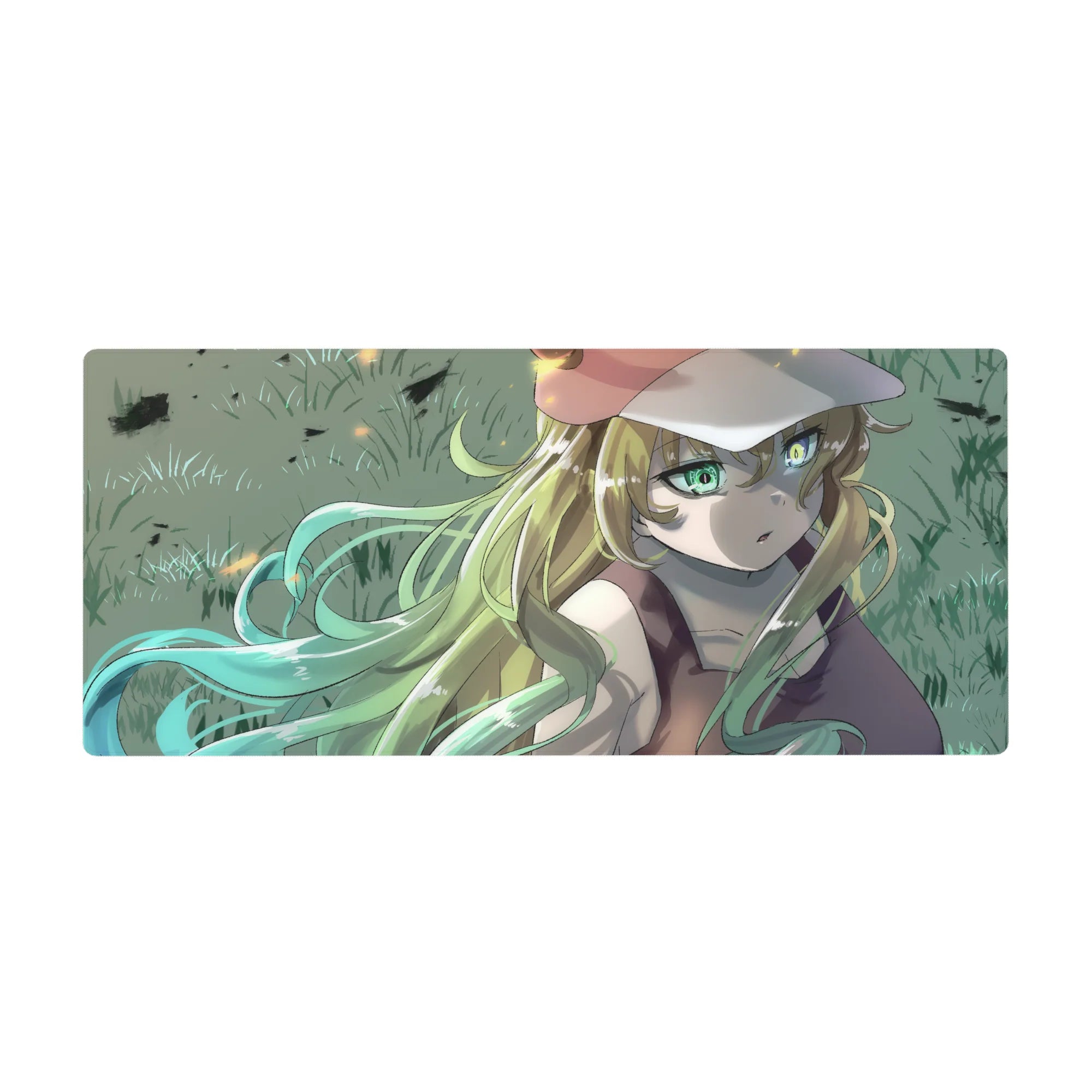 36x16 inches anime girl desk pad with blonde hair, green eyes, cap, and relaxed summer outfit.