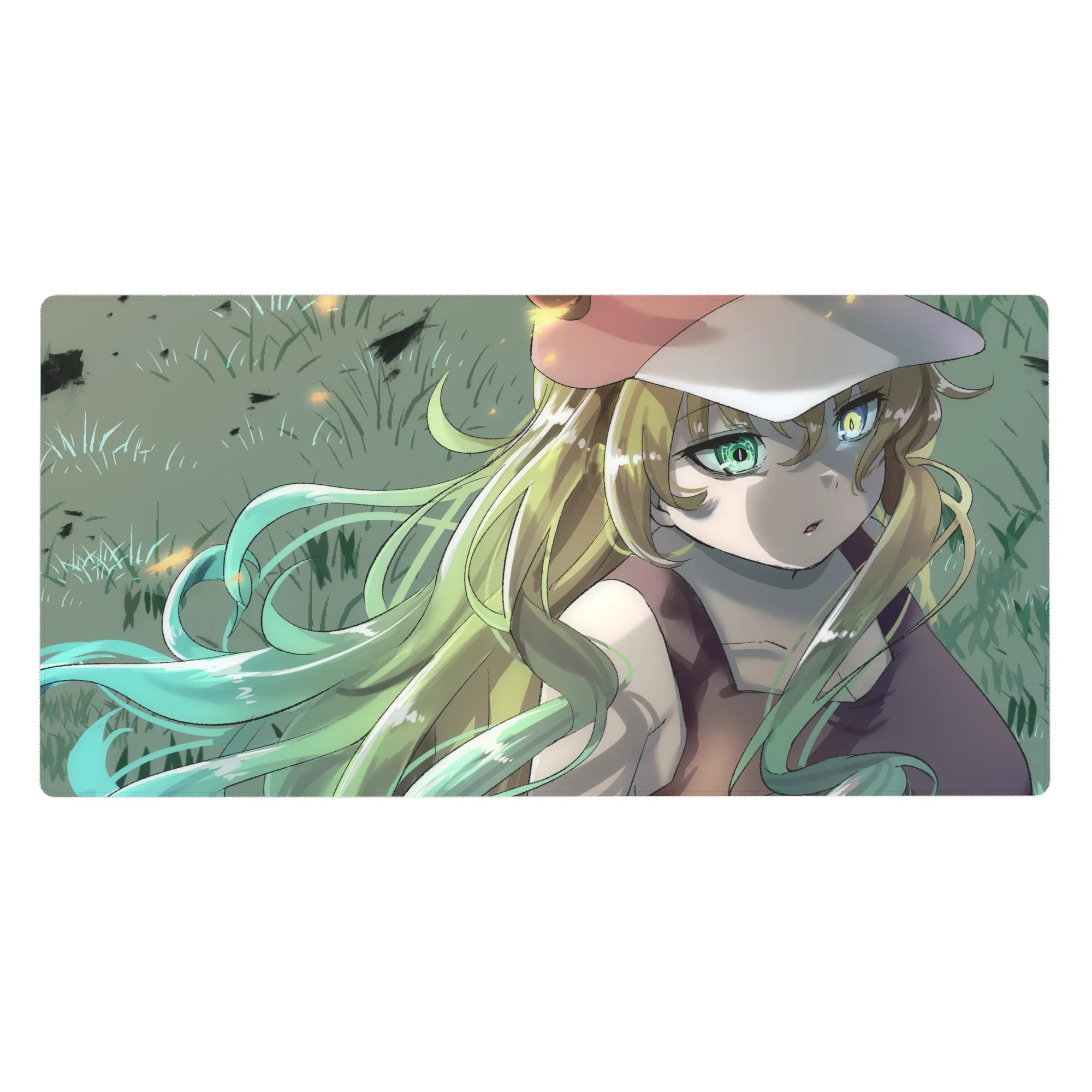 Dreamy blonde anime girl desk pad 40x20 inches with mint-gold hair, green eyes, and cute cap design.