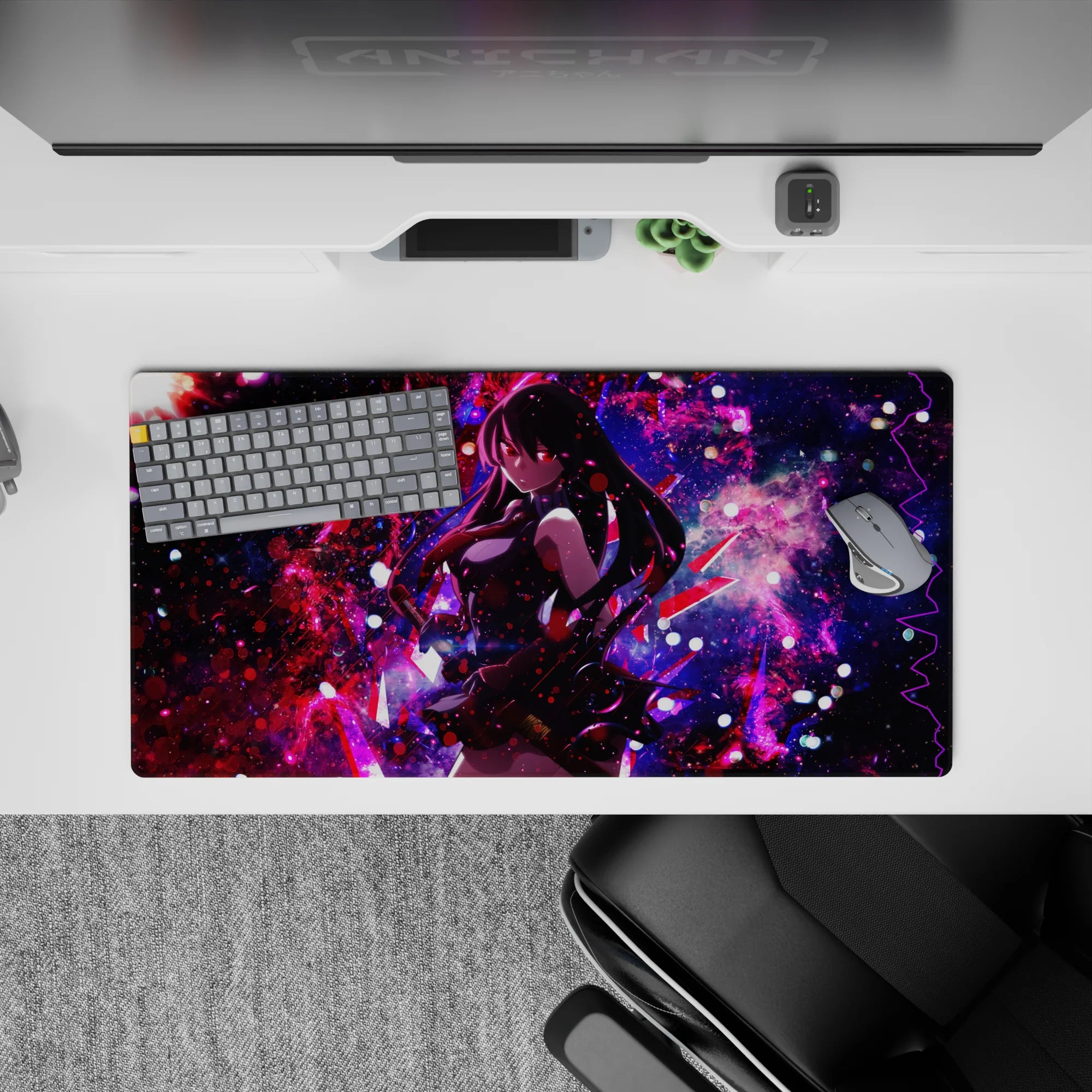 32x16 inches mouse pad with Akame, cosmic nebula tones, and deadly focus for a bold, Black and red starlit warfare aesthetic.