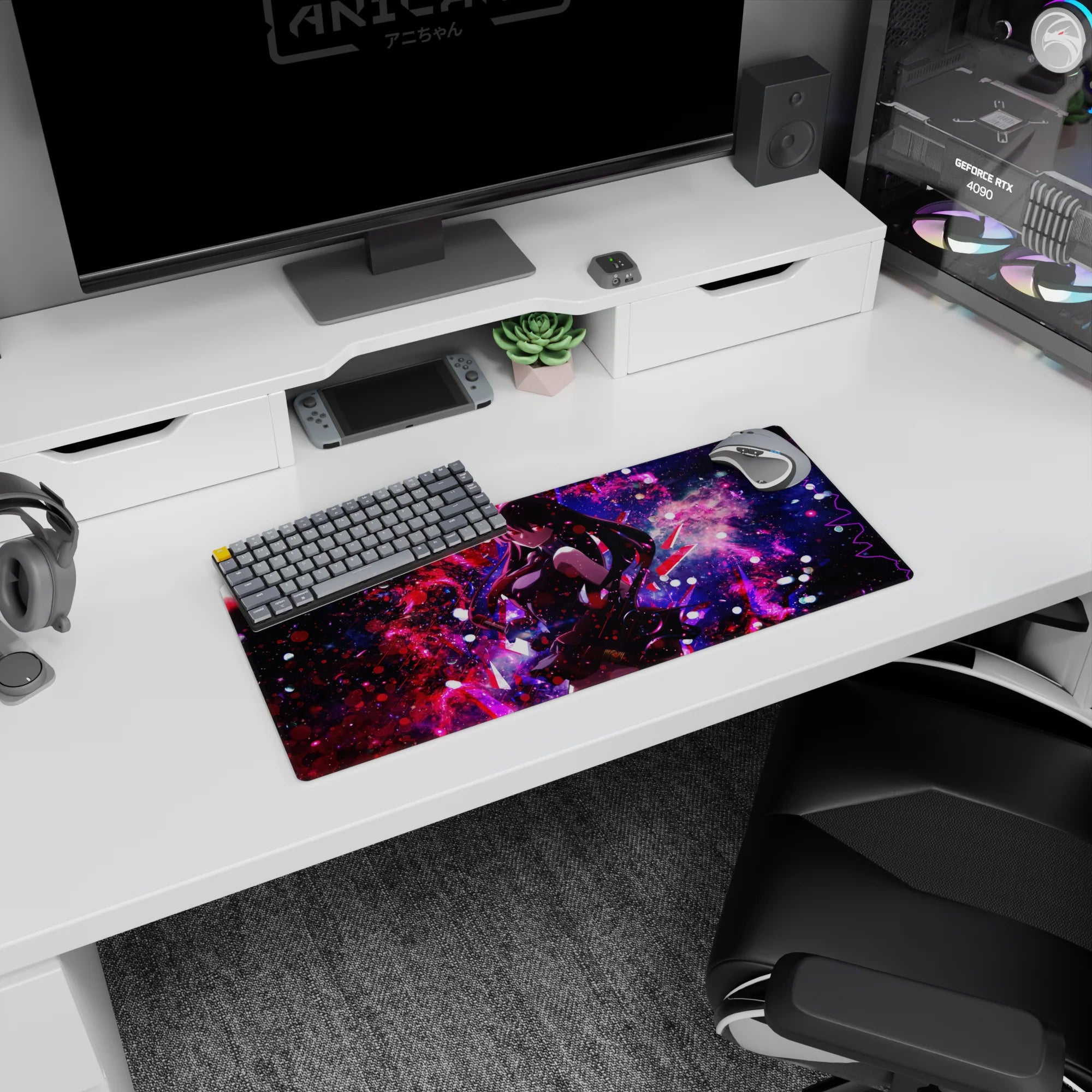 My Hero Academia mouse pad, 28x12 inches, with Akame in cosmic nebula tones, deadly focus, and a Black and red Akame ga Kill design.