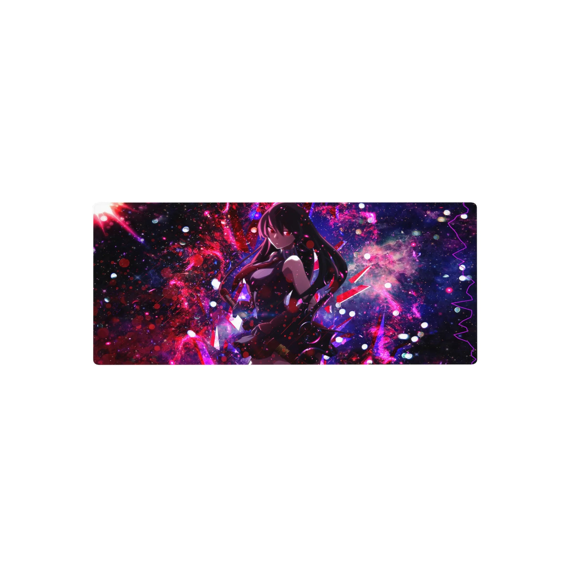 Mouse pad featuring Akame, 28x12 inches, with cosmic nebula tones and deadly focus for a dramatic Black and red Akame ga Kill design.