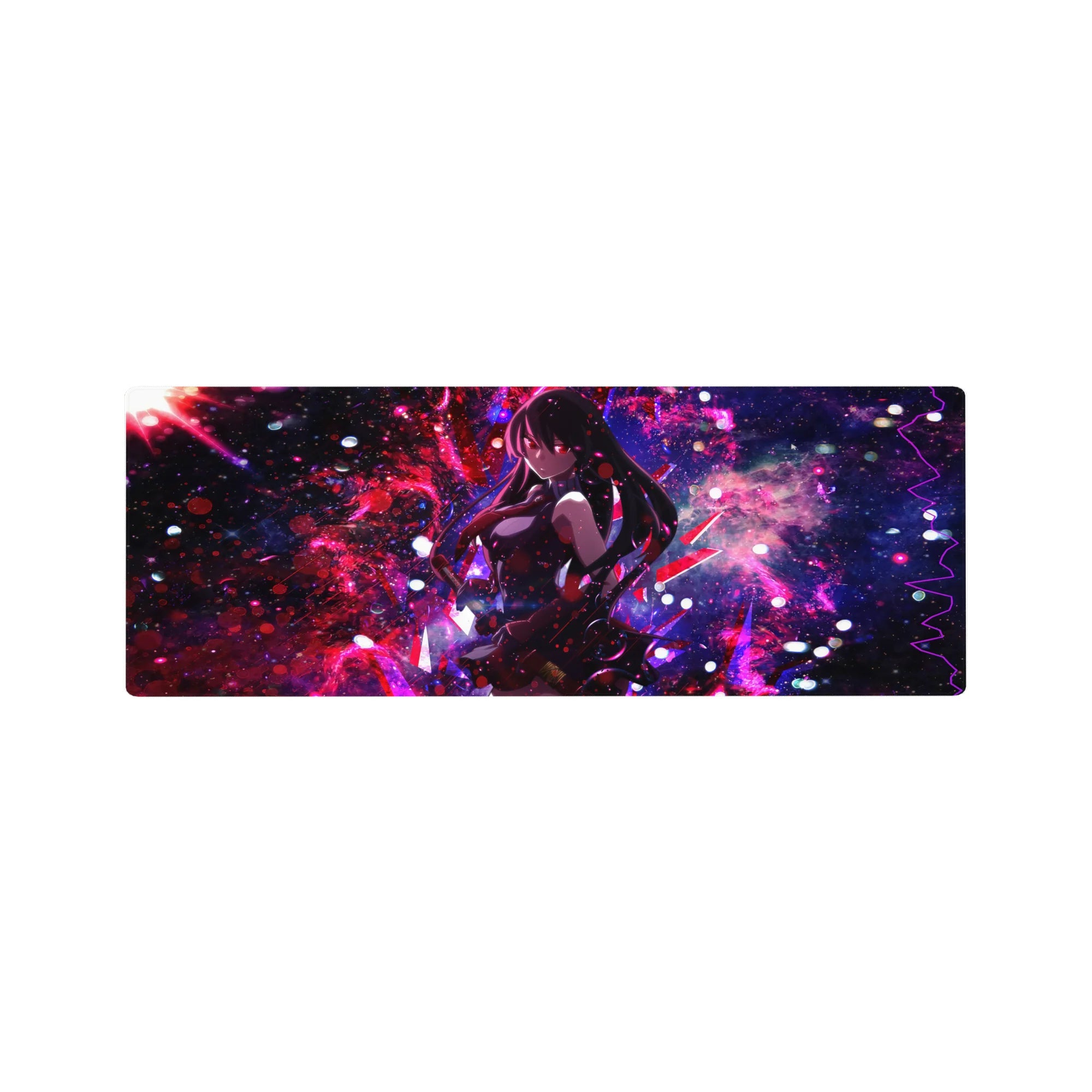 Compact 32x12 inches mouse pad with Akame, cosmic nebula tones, and deadly focus for an intense, Black and red Akame ga Kill look.
