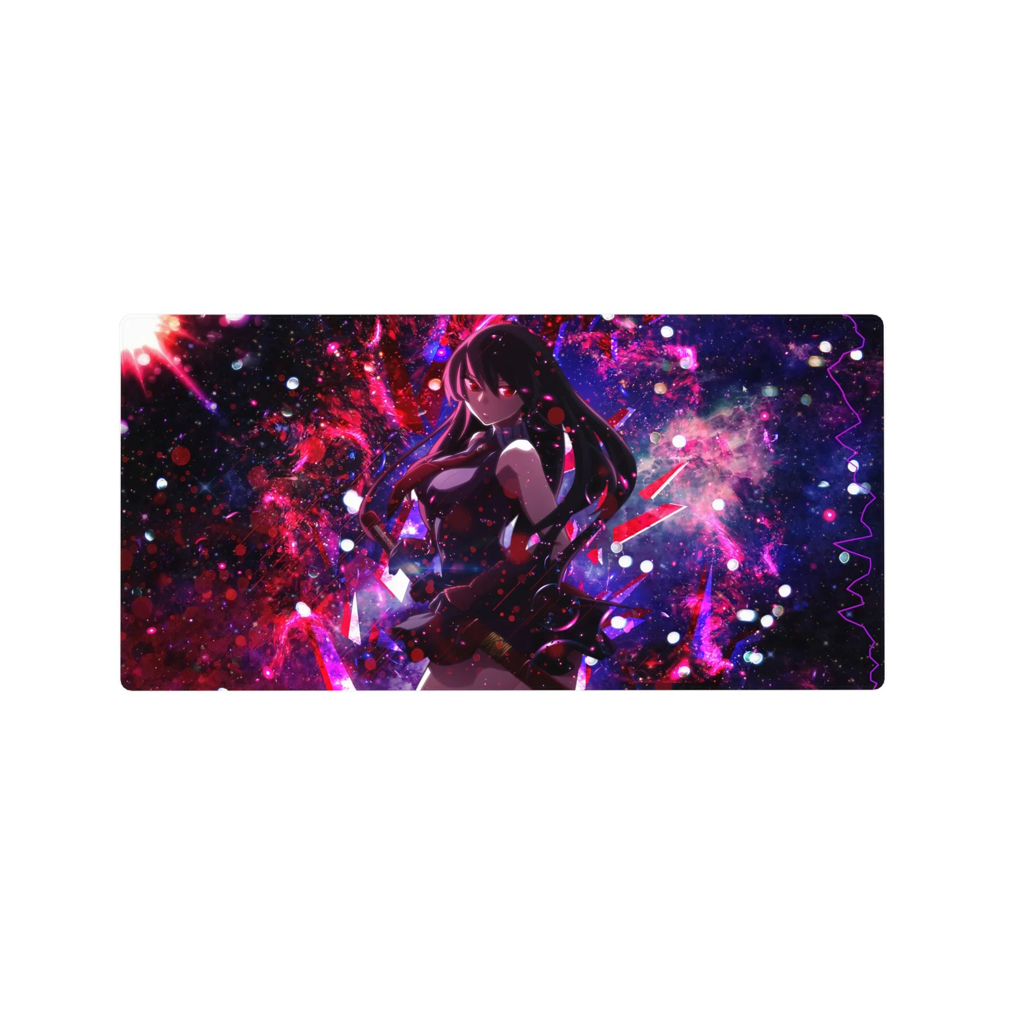 Mouse pad with Akame, 32x16 inches, featuring cosmic nebula tones and deadly focus for a Black and red Akame ga Kill-inspired design.