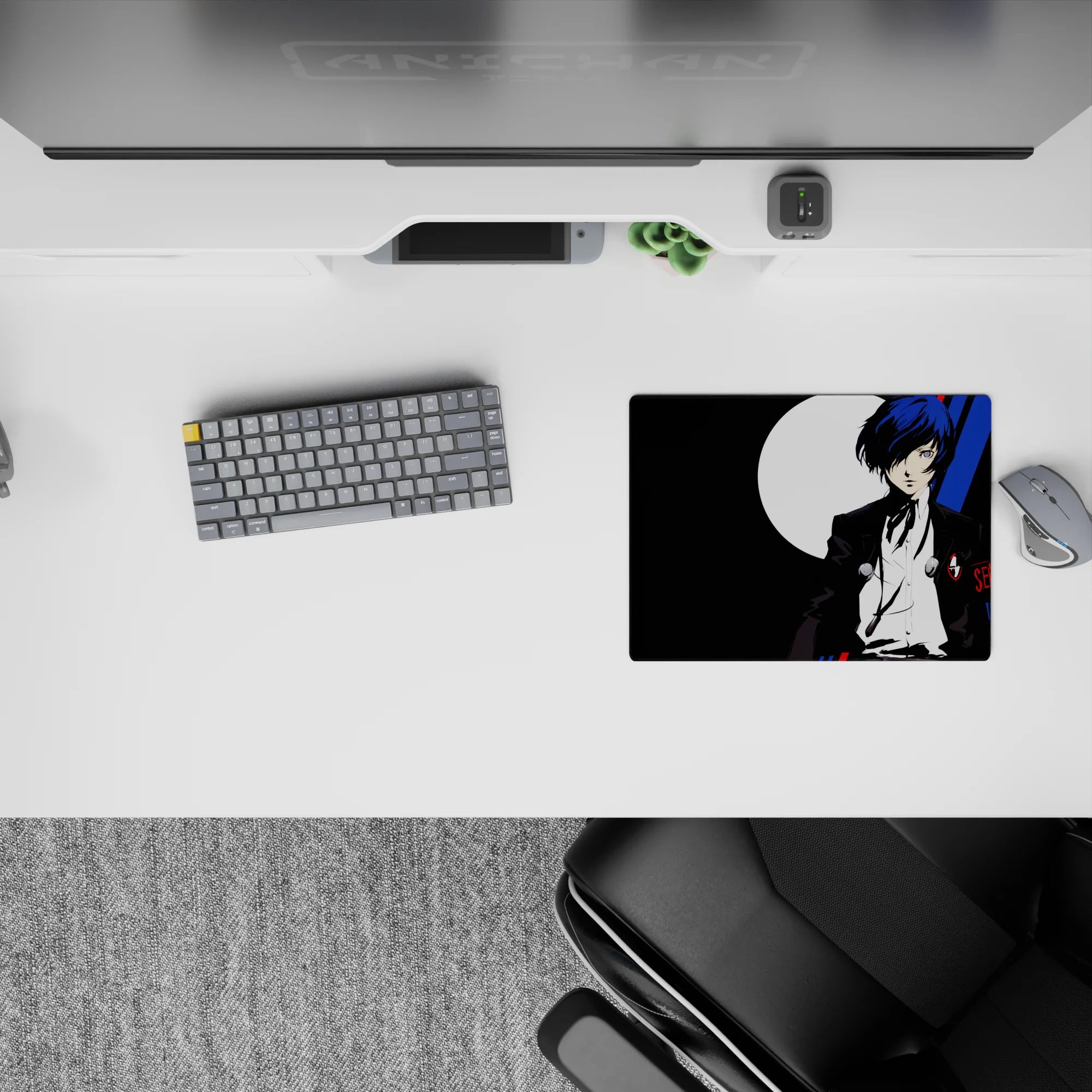 Persona 3 mouse pad featuring protagonist in black suit with blue hair and moon backdrop, 14x10 inches. Bold and stylish.