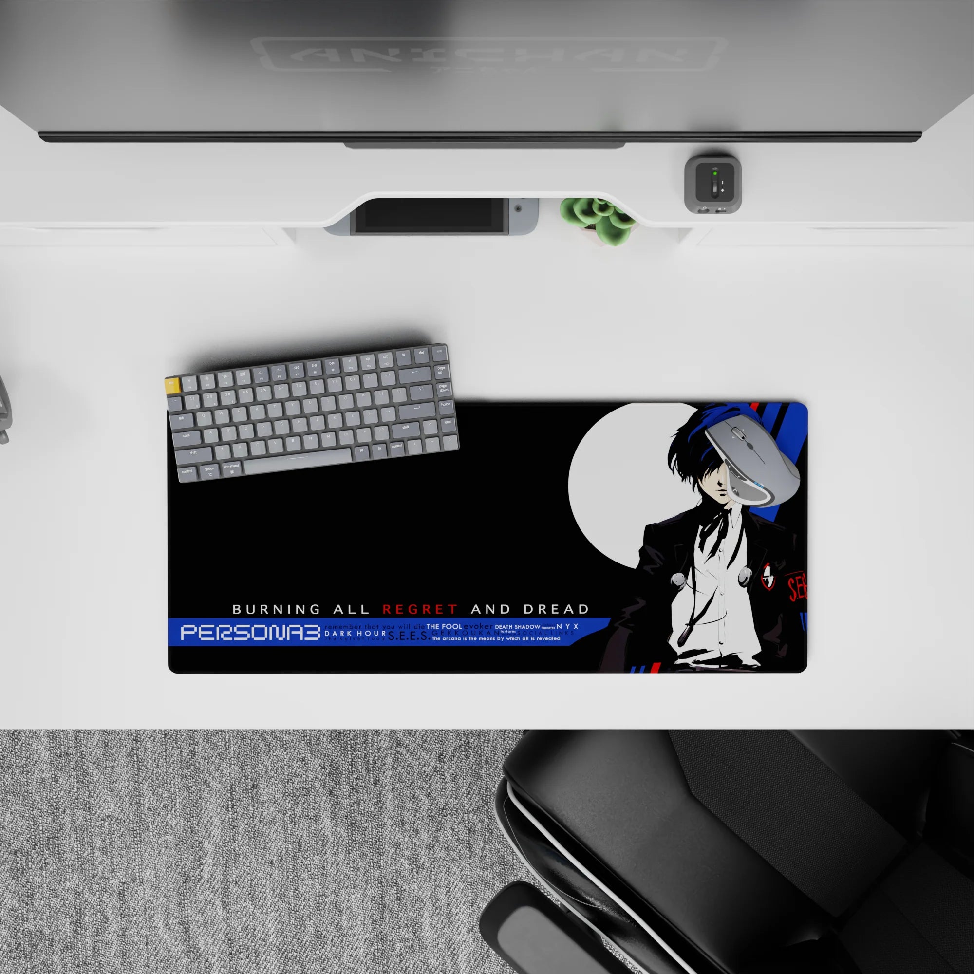 Persona 3 mouse pad featuring protagonist with blue hair, black suit, and moon backdrop. Size: 28x12 inches.