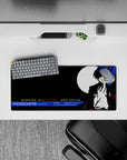 Persona 3 mouse pad featuring protagonist with blue hair, black suit, and moon backdrop. Size: 28x12 inches.