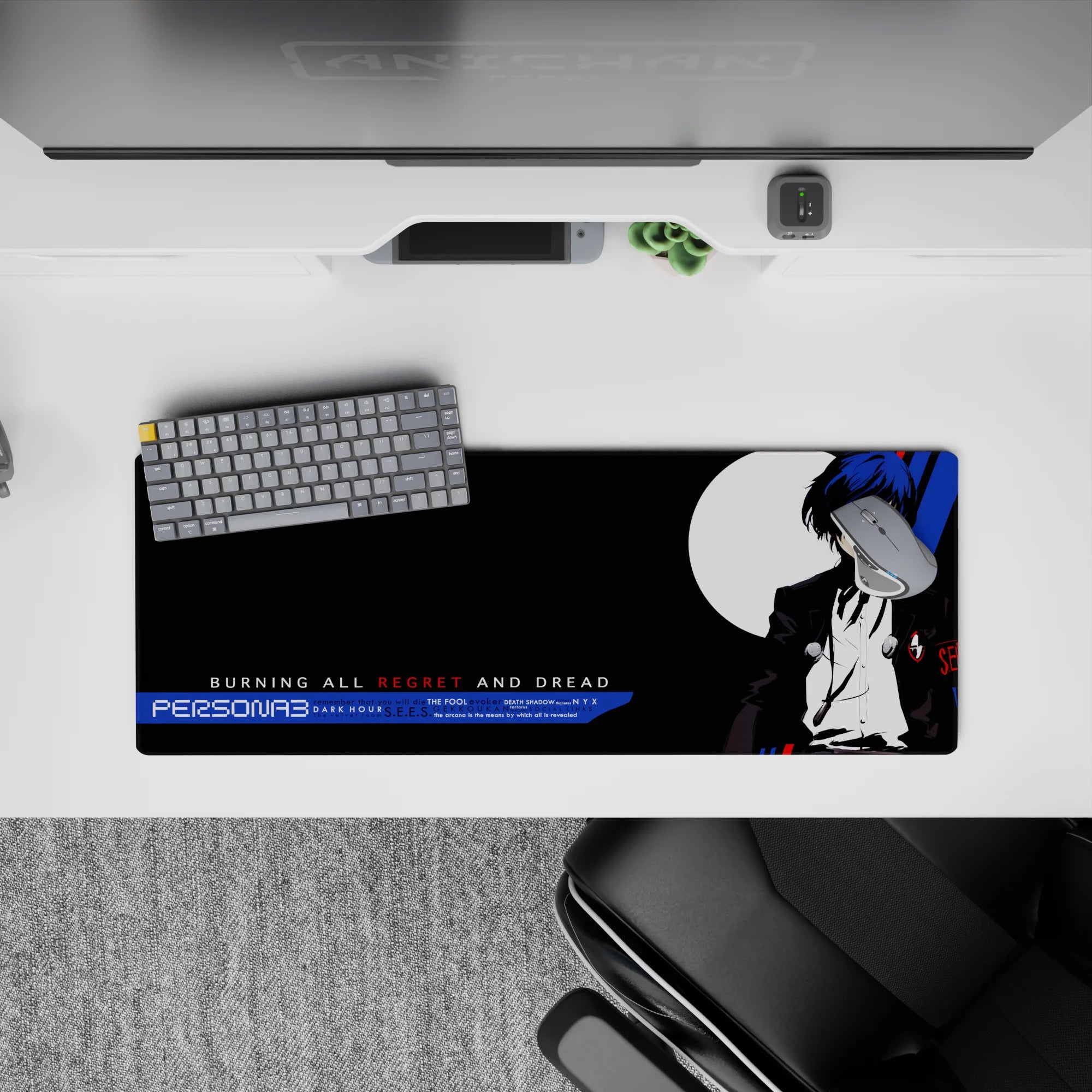 Persona 3 mouse pad, 32x12 inches, features protagonist with blue hair, black suit, and moon backdrop in bold colors.