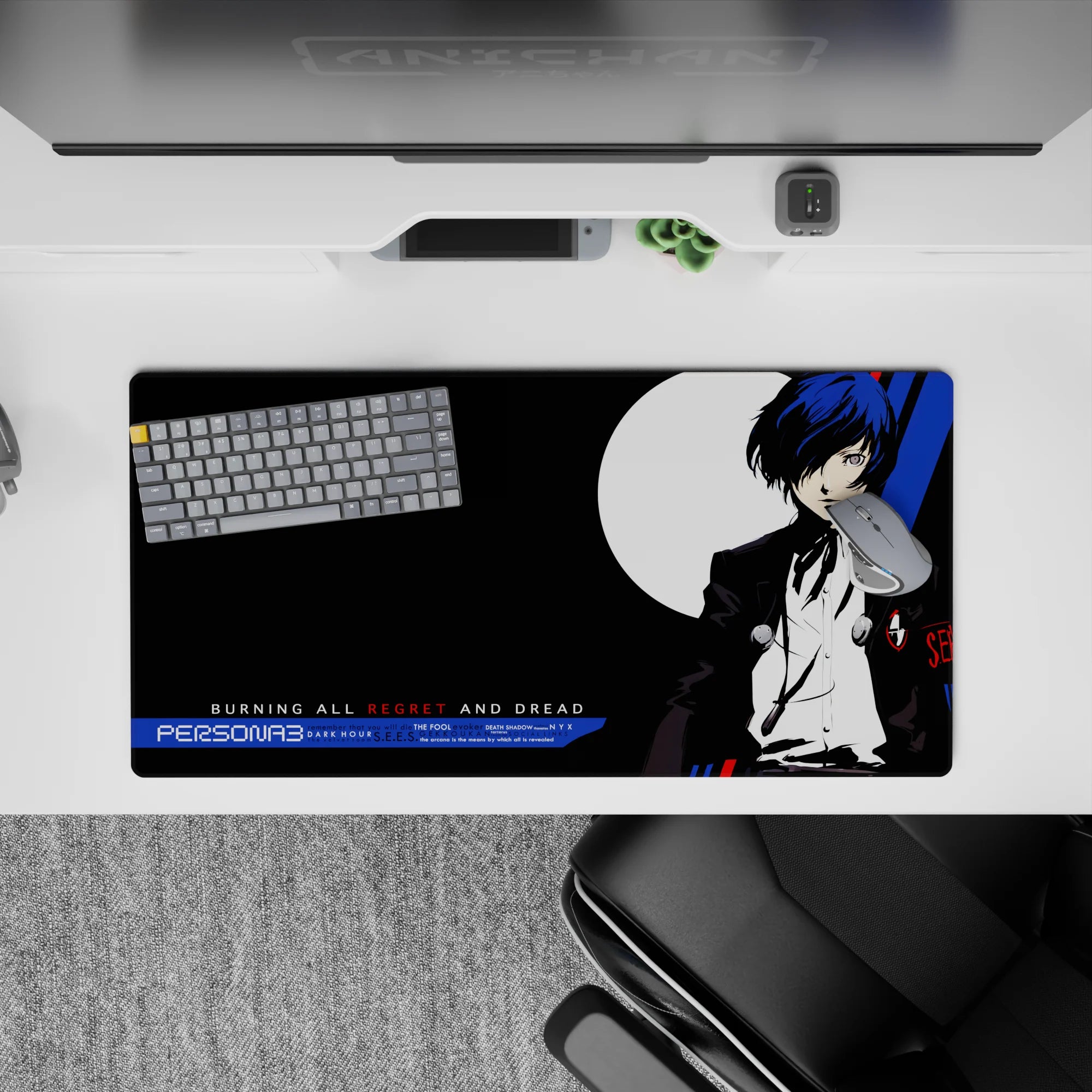Persona 3 anime mouse pad 32x16 inches featuring protagonist with blue hair and black suit, set against a moody backdrop.