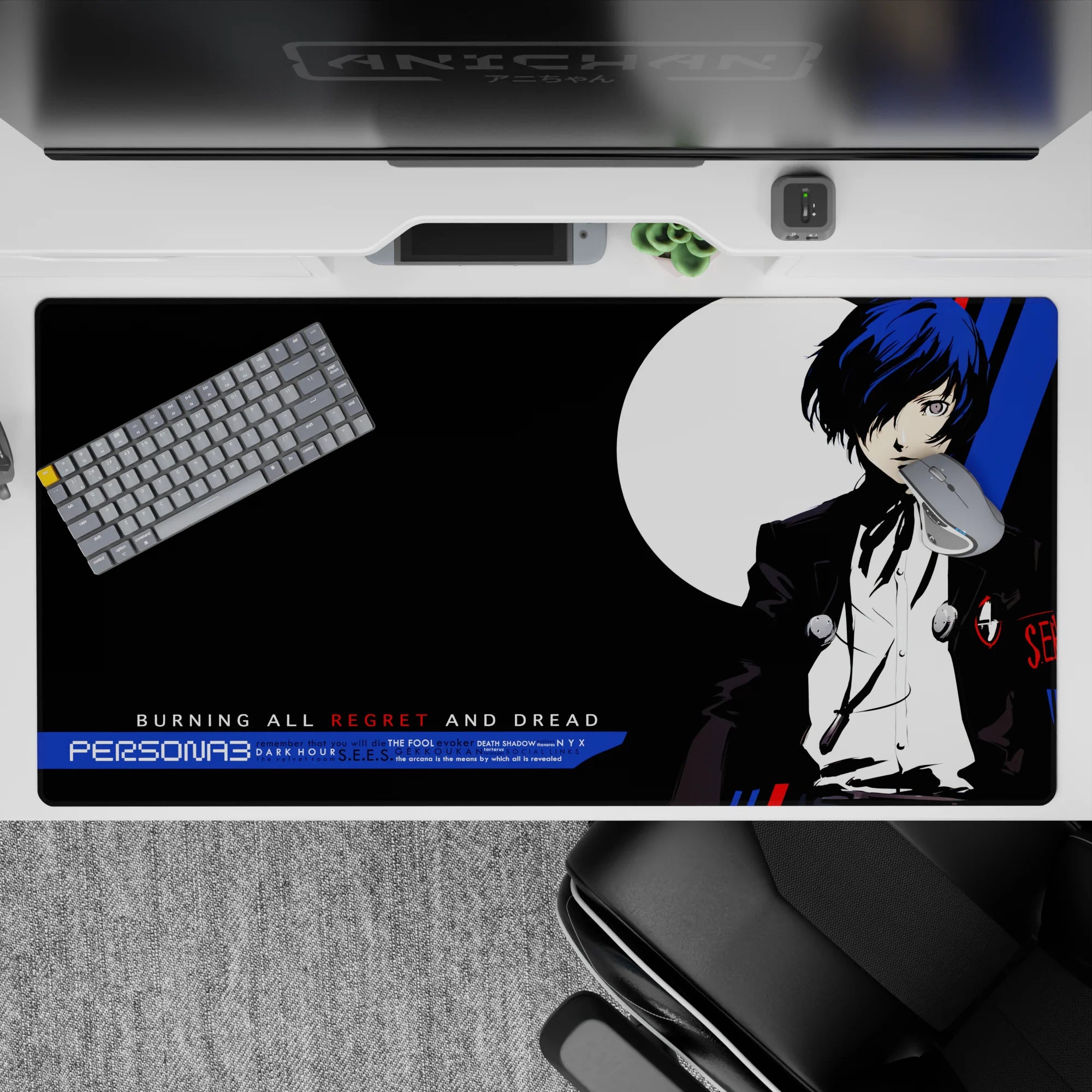 Anime mouse pad featuring Persona 3 protagonist with blue hair and moon, 40x20 inches, in a bold red, white, cobalt palette.