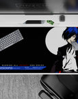 Anime mouse pad featuring Persona 3 protagonist with blue hair and moon, 40x20 inches, in a bold red, white, cobalt palette.