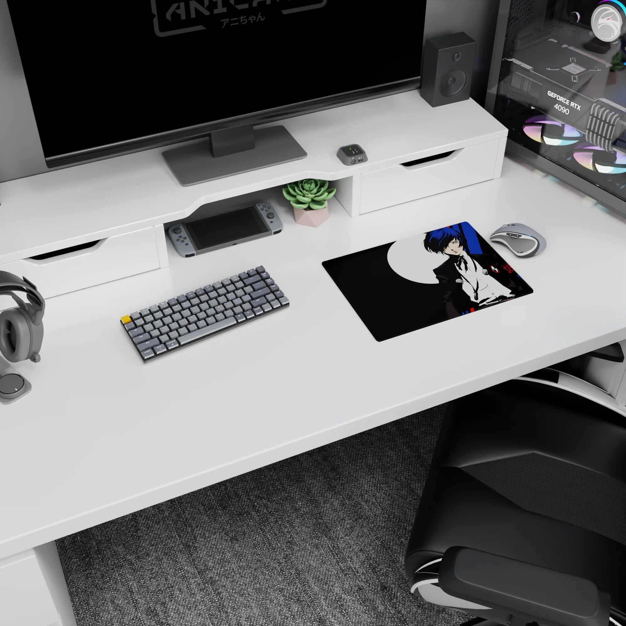 Persona 3 mouse pad featuring the protagonist in a sharp black suit, iconic blue hair, size 14x10 inches.