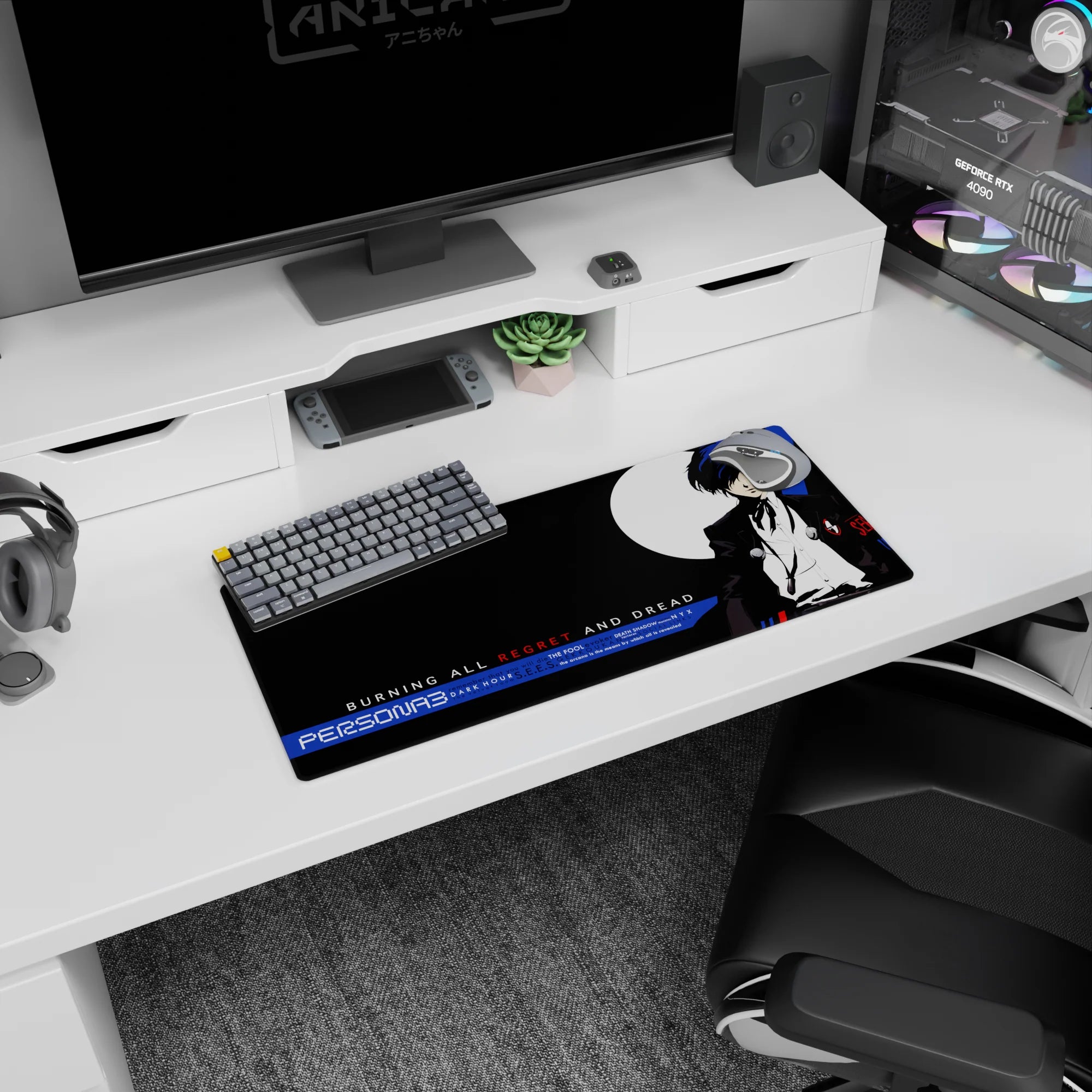 Persona 3 mouse pad, 28x12 inches, featuring protagonist in black suit, blue hair, moon backdrop, bold red, white, cobalt palette.