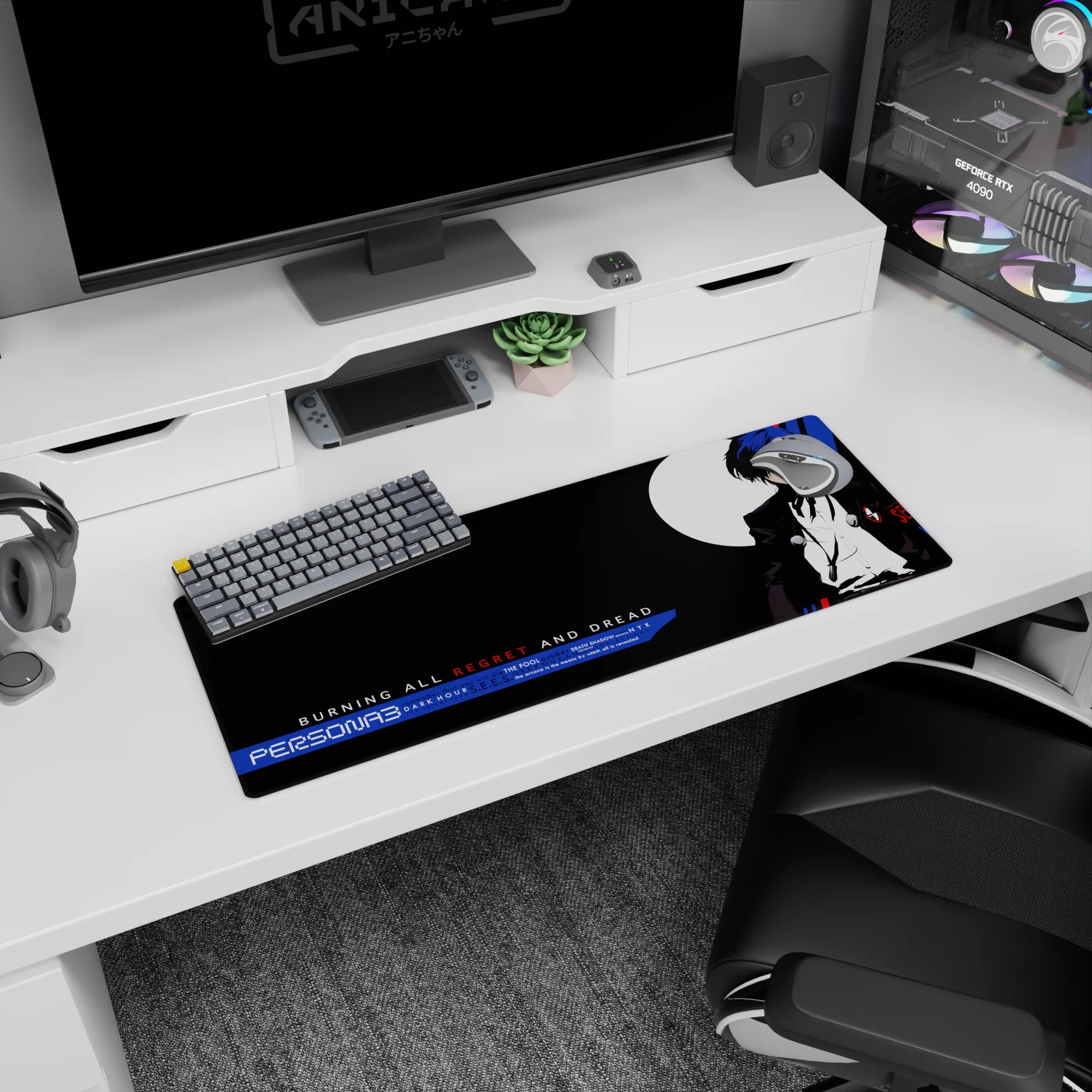 Persona 3 mouse pad 32x12 inches featuring protagonist in black suit and blue hair with moon backdrop, stylish and bold.