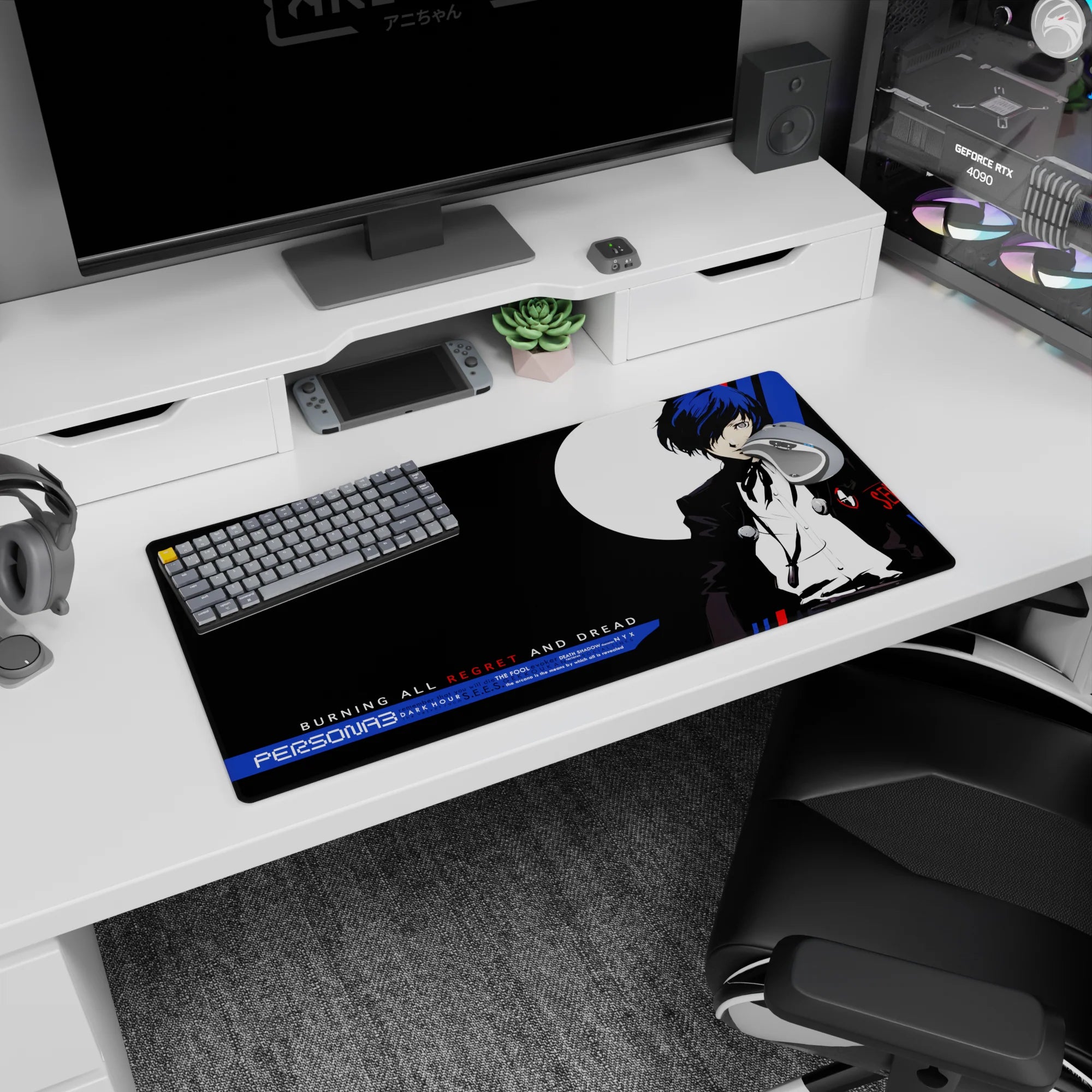 Persona 3 anime mouse pad, 32x16 inches, featuring protagonist in black suit with blue hair and moon backdrop.