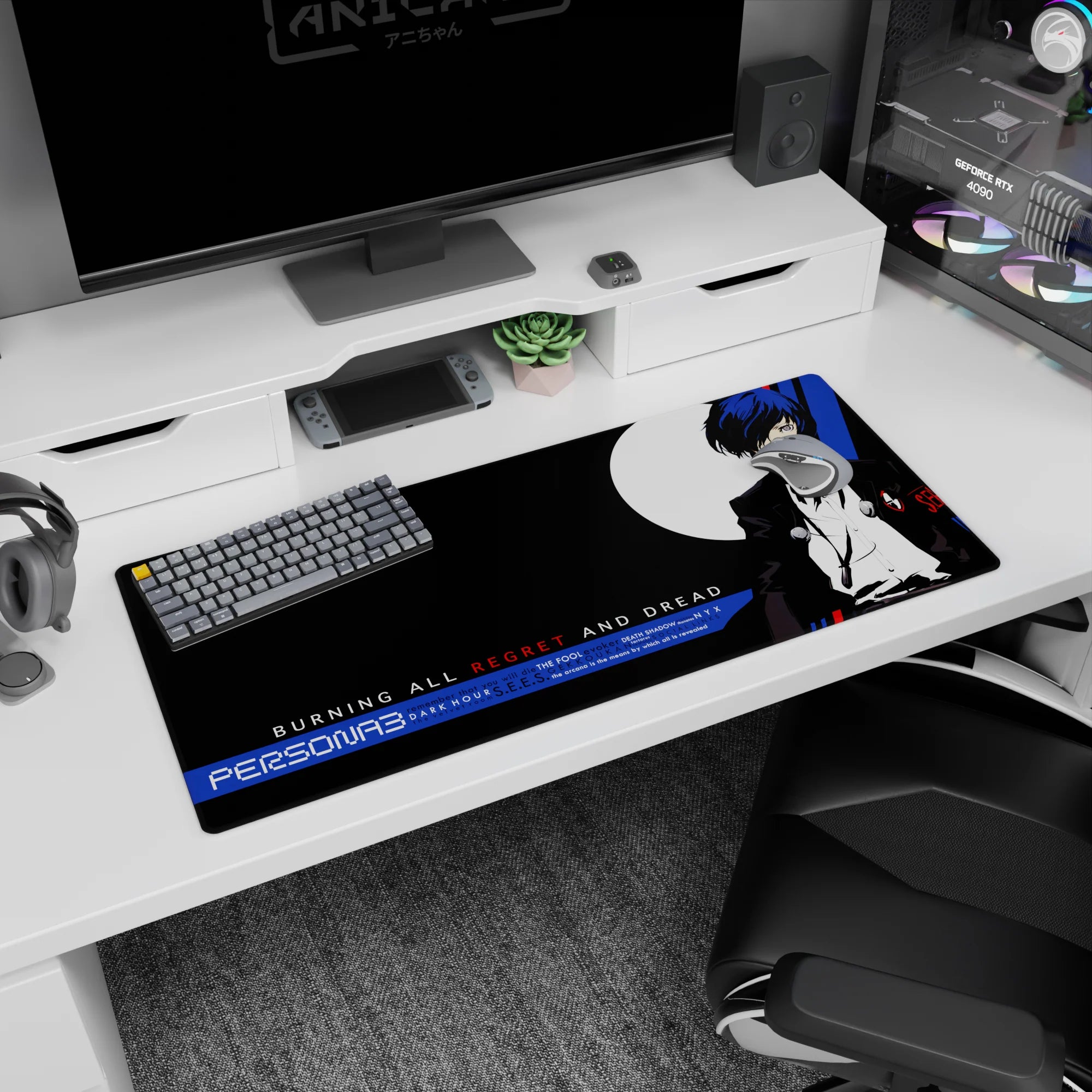 Persona 3 mouse pad featuring protagonist in black suit with blue hair, iconic moon background, sized 36x16 inches.