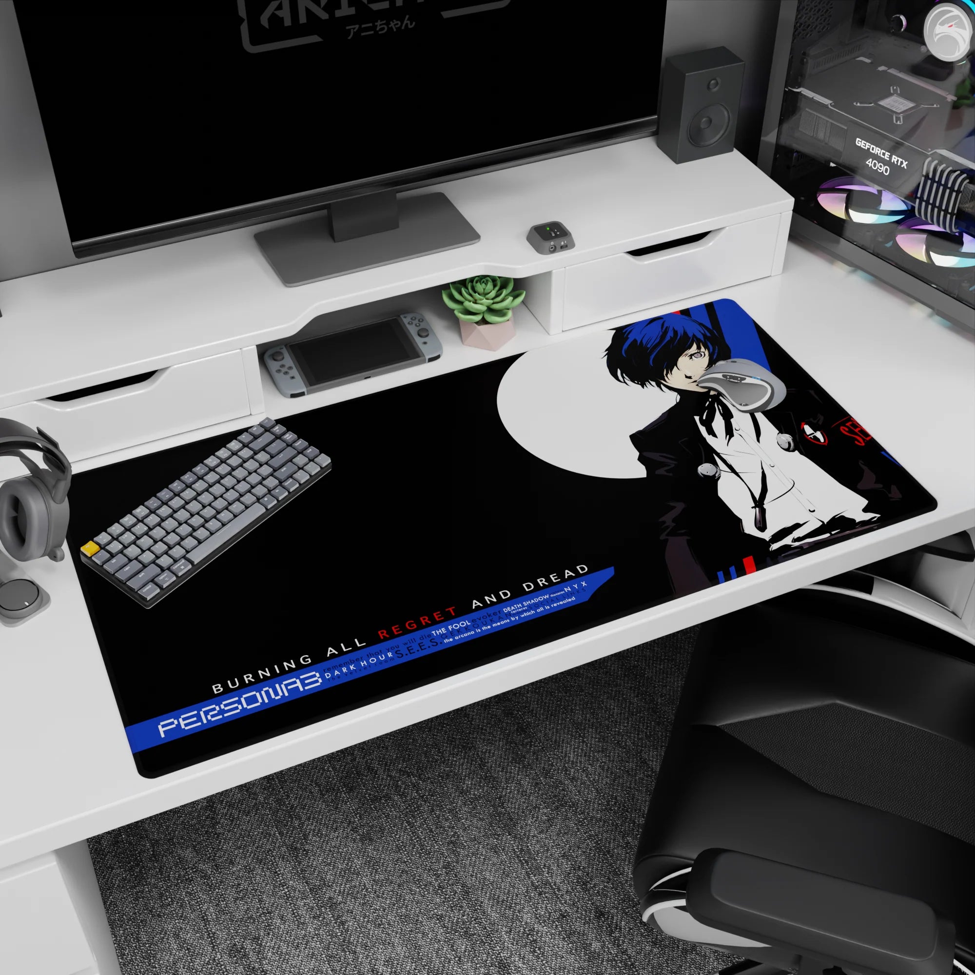 Anime desk pad 40x20 inches featuring Persona 3 protagonist in black suit, blue hair, and moon backdrop, bold color palette.