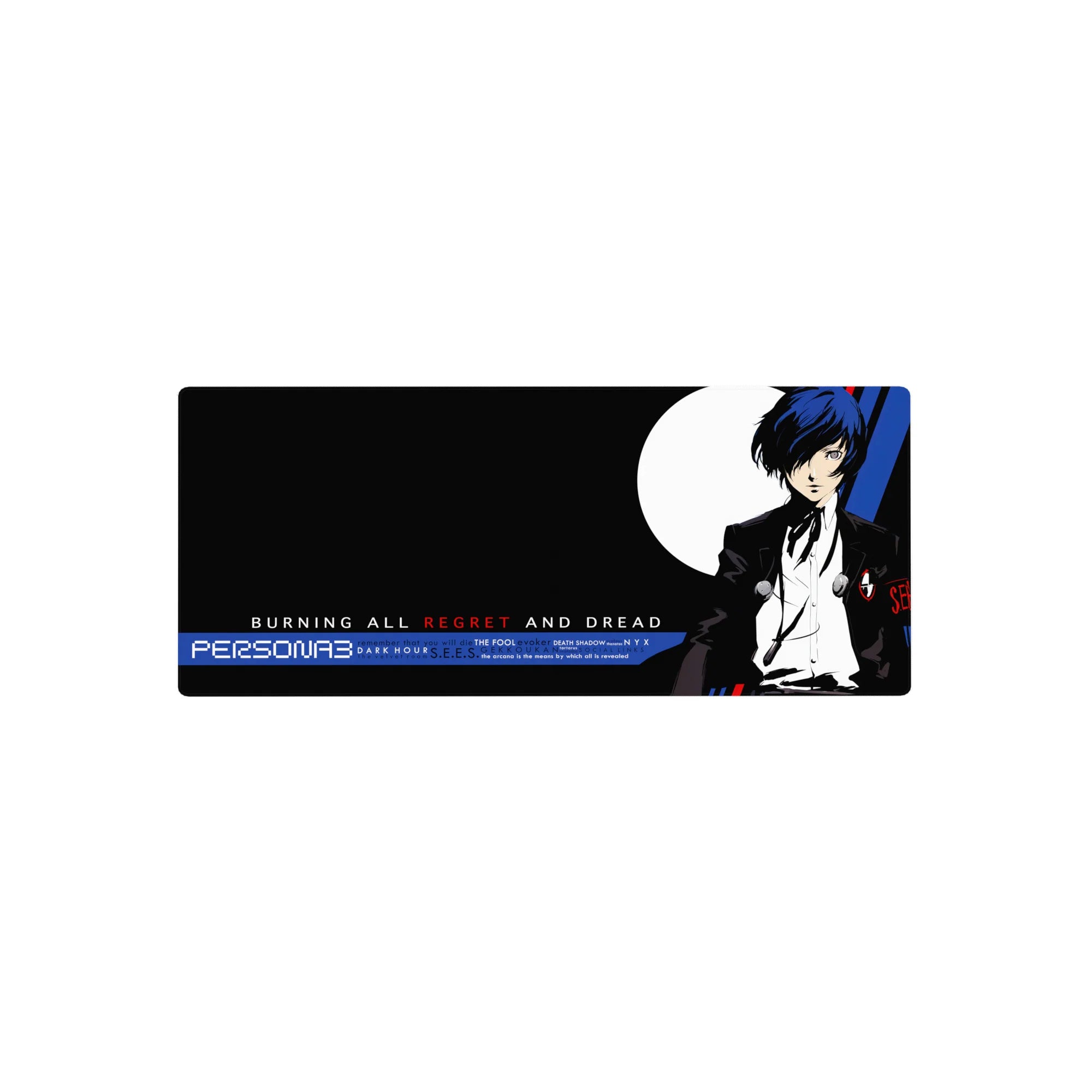 Persona 3 mouse pad, 28x12 inches, featuring the protagonist with blue hair, black suit, and moon backdrop.