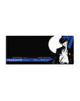 Persona 3 mouse pad, 28x12 inches, featuring the protagonist with blue hair, black suit, and moon backdrop.
