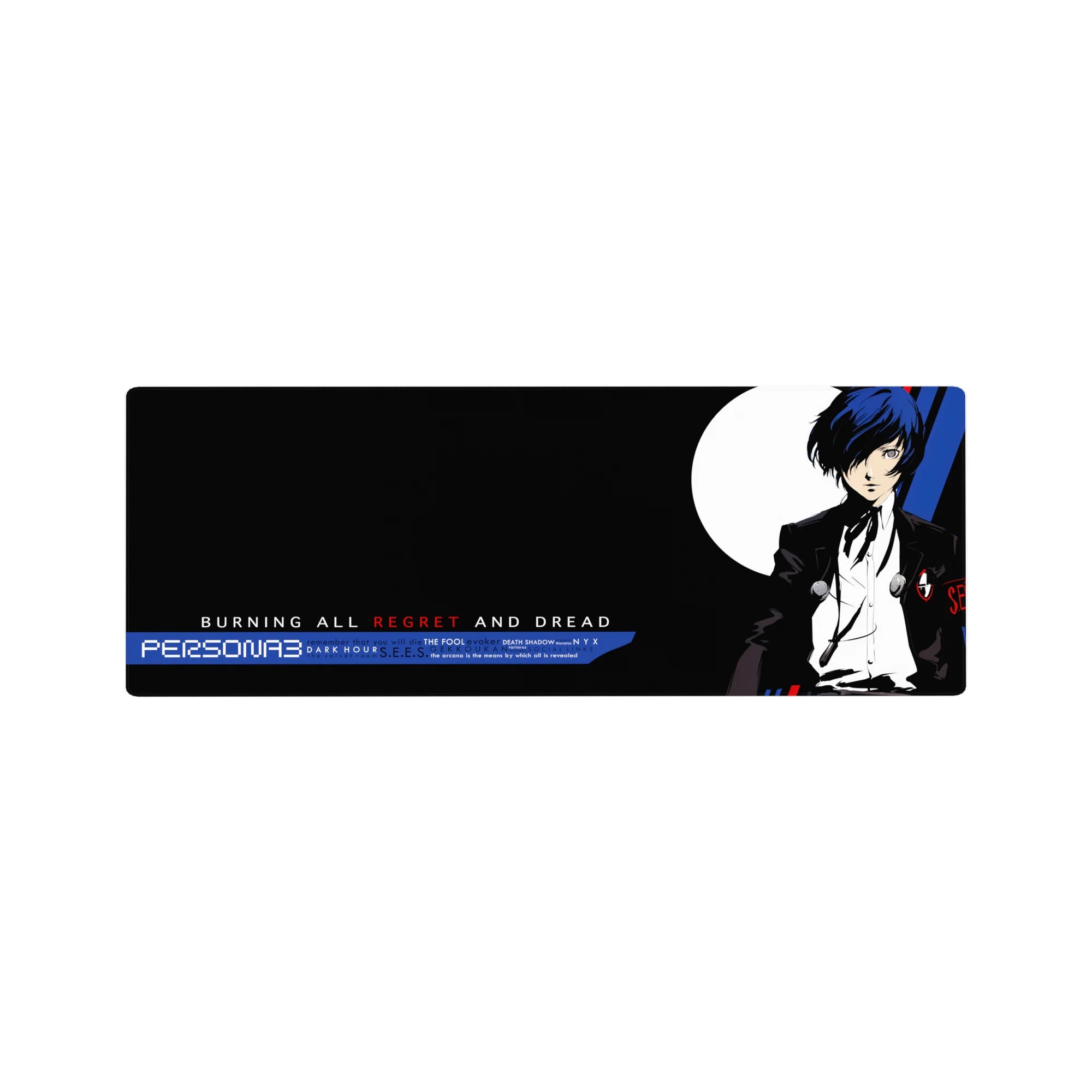 Anime mouse pad featuring Persona 3 protagonist in a black suit with blue hair, 32x12 inches, offering a moody, stylish design.