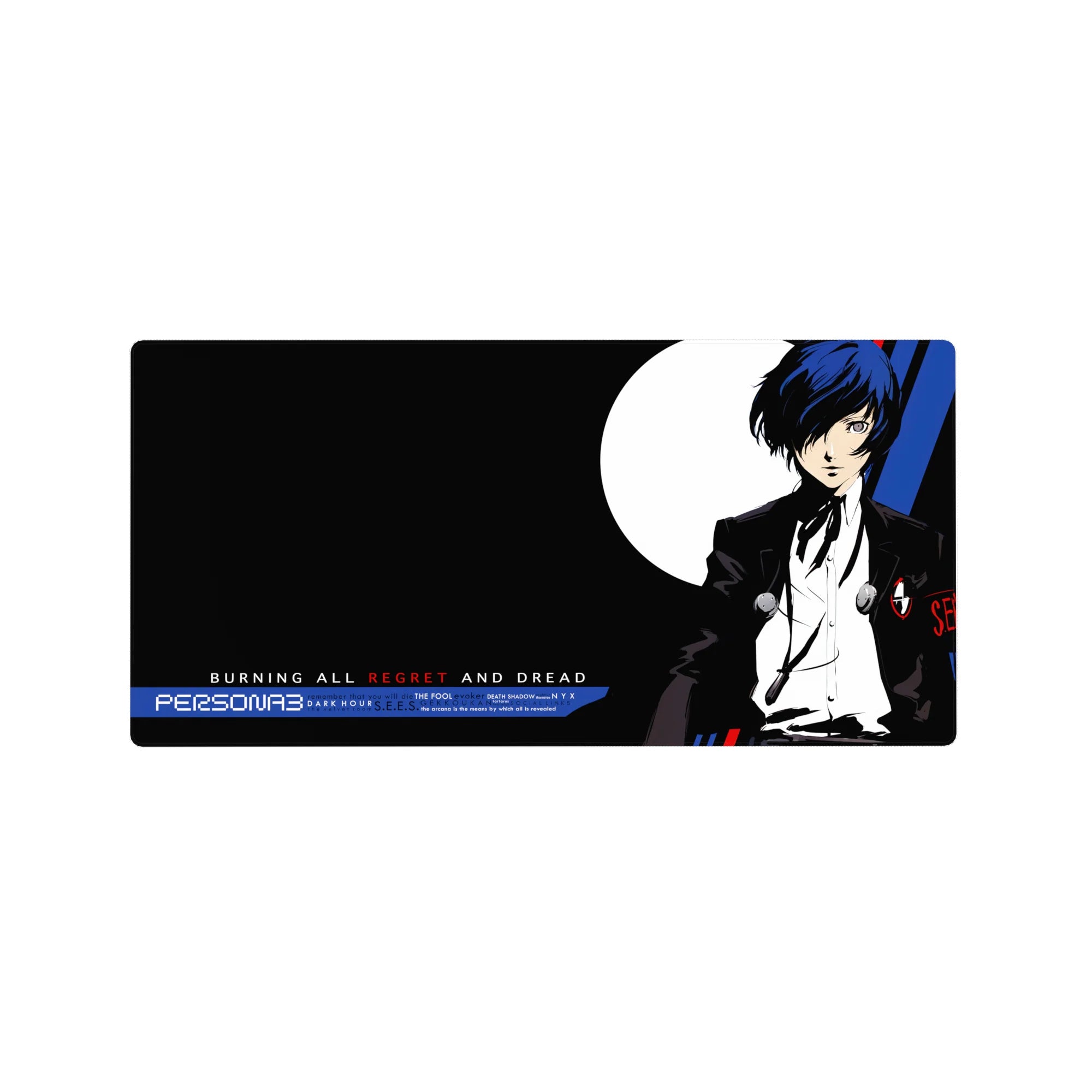 Anime mouse pad featuring Persona 3&#39;s protagonist with blue hair, black suit, and moon backdrop, size 32x16 inches.