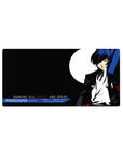Anime mouse pad featuring Persona 3's protagonist with blue hair, black suit, and moon backdrop, size 32x16 inches.