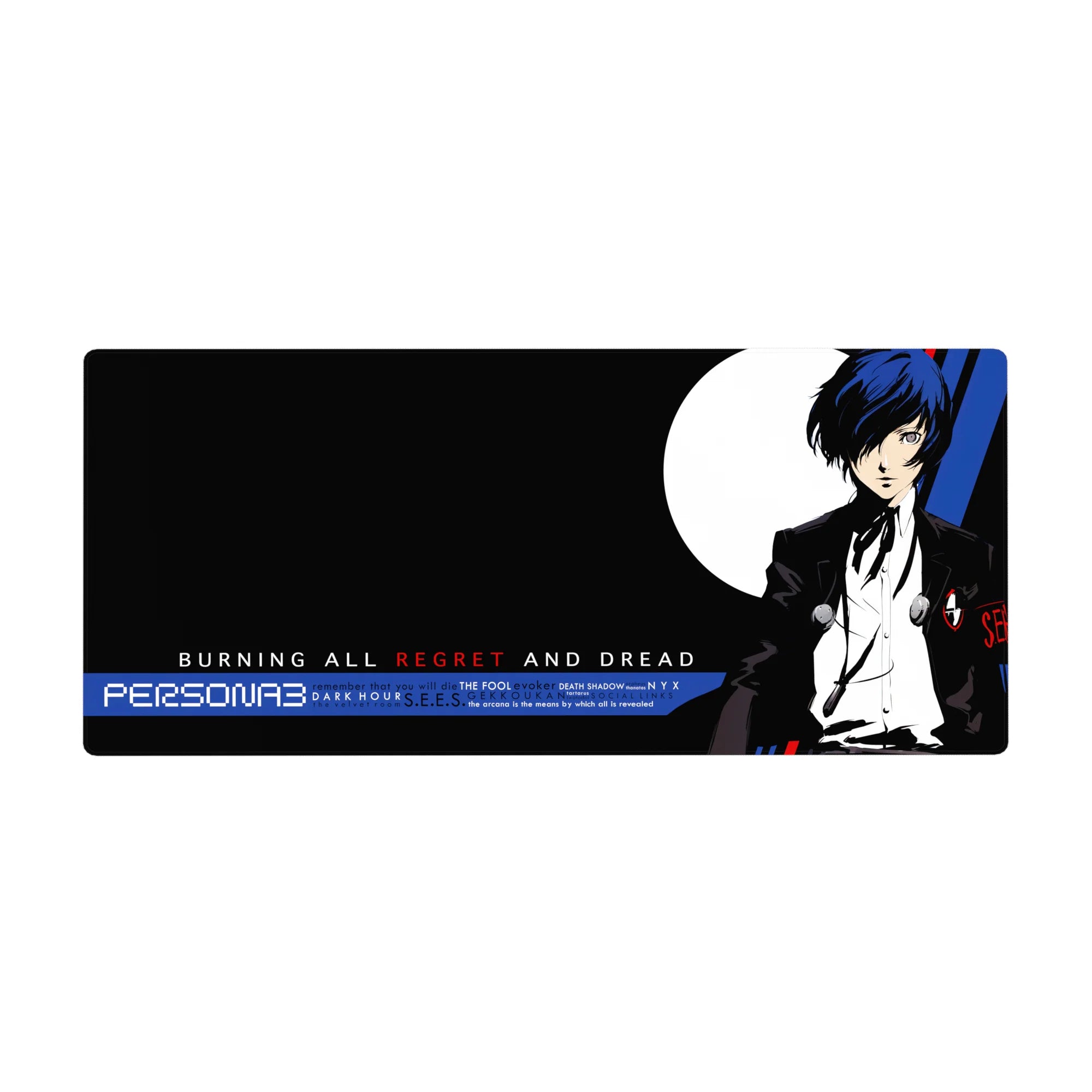 Persona 3 mouse pad, 36x16 inches, features protagonist in black suit with blue hair, moon backdrop, red and cobalt hues.