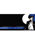 Persona 3 mouse pad, 36x16 inches, features protagonist in black suit with blue hair, moon backdrop, red and cobalt hues.