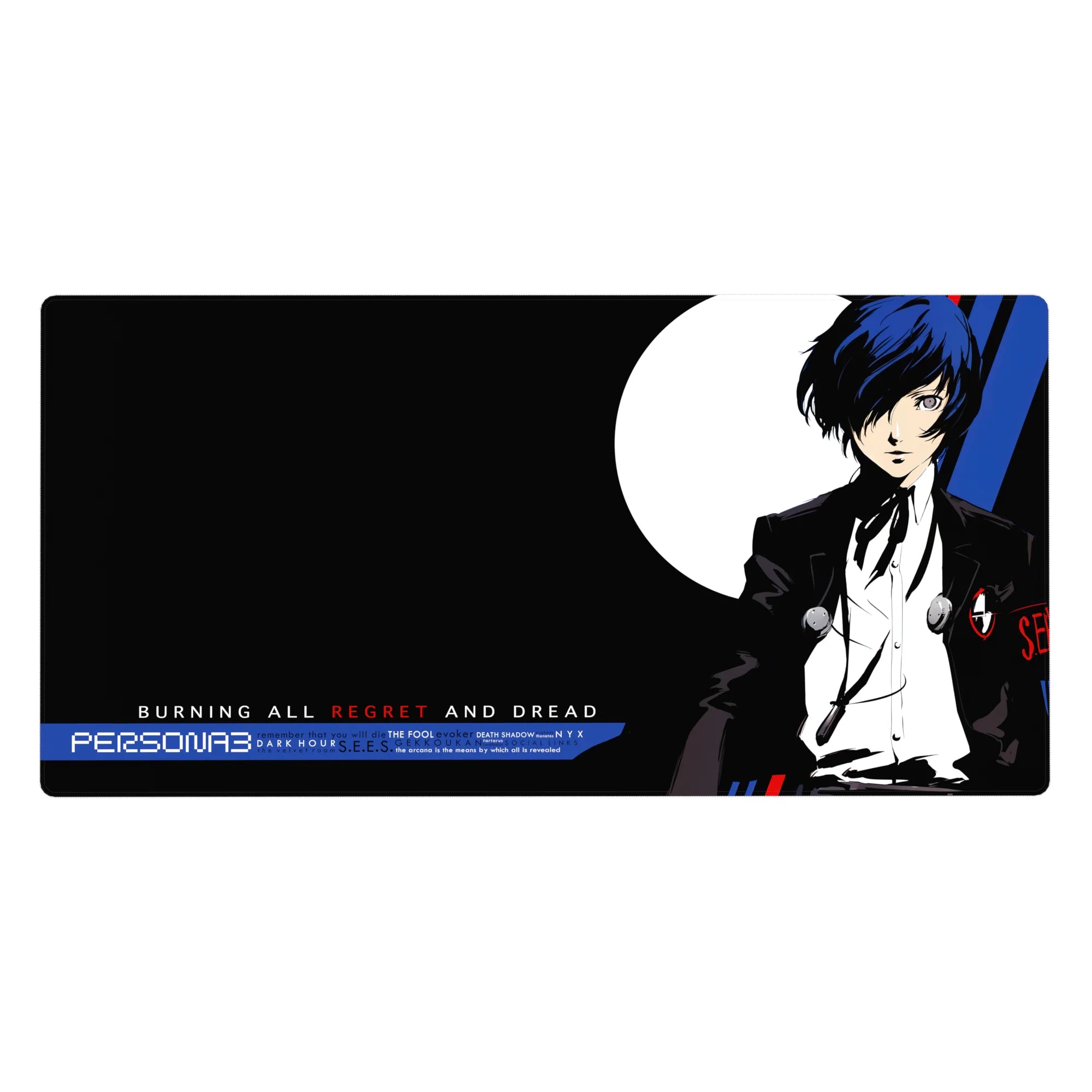 Persona 3 desk pad, 40x20 inches, featuring protagonist in black suit, blue hair, red/white/cobalt palette, moon backdrop.