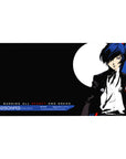 Persona 3 desk pad, 40x20 inches, featuring protagonist in black suit, blue hair, red/white/cobalt palette, moon backdrop.