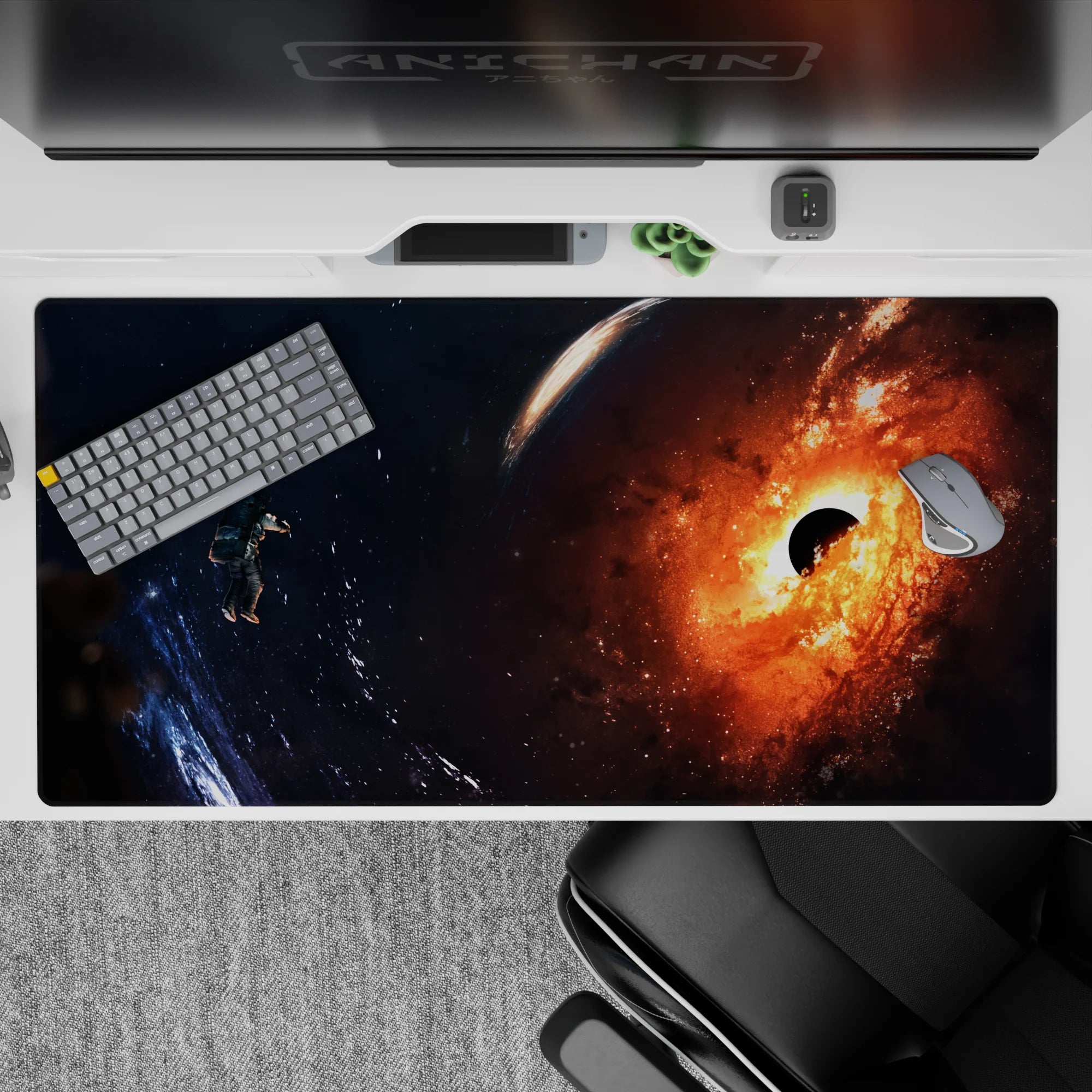 Midnight blue and fiery orange space desk pad 40x20 inches, moody starfield vibe with glowing nebula.