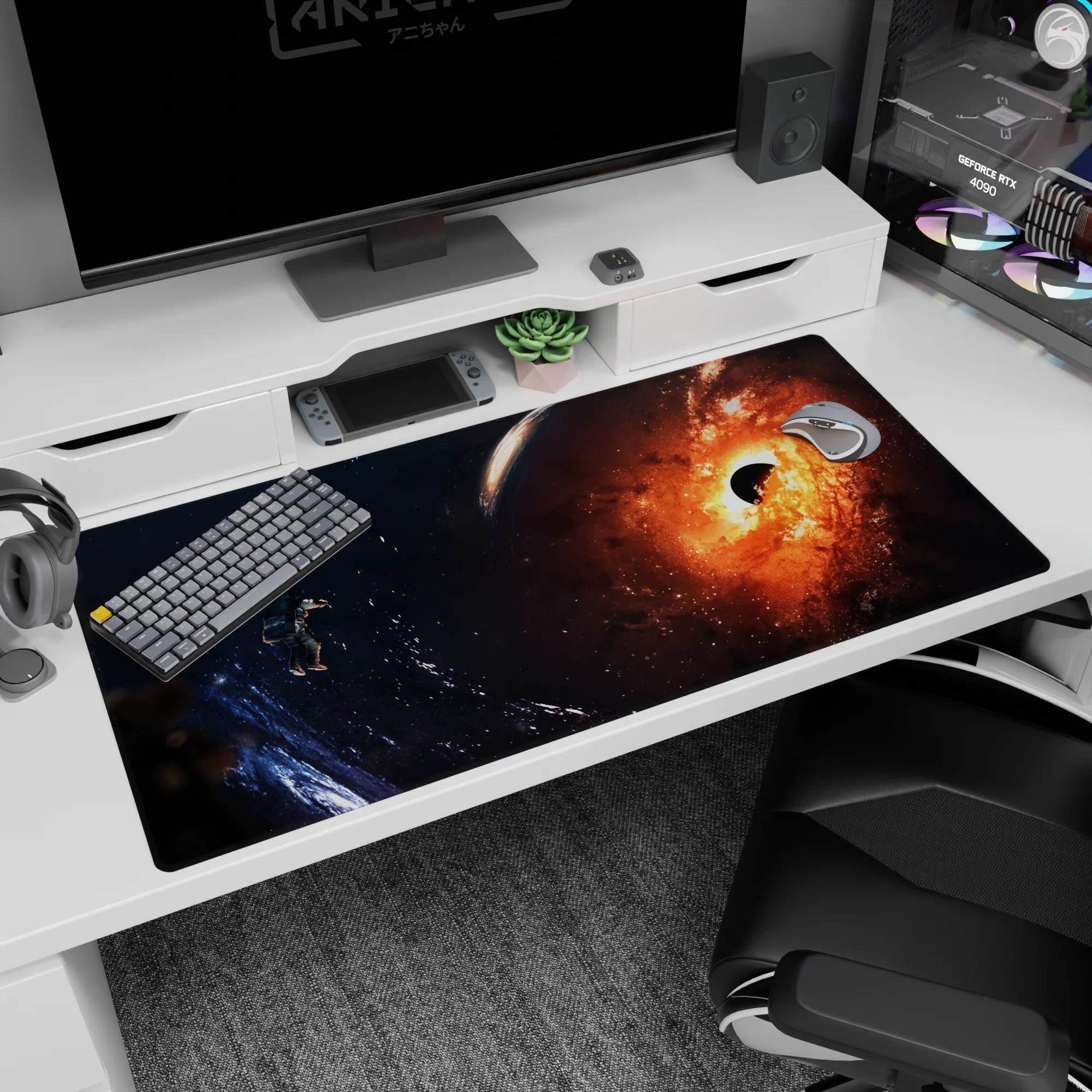 Astronaut drifting by a bright orange nebula on a dark starfield desk pad 40x20 inches.