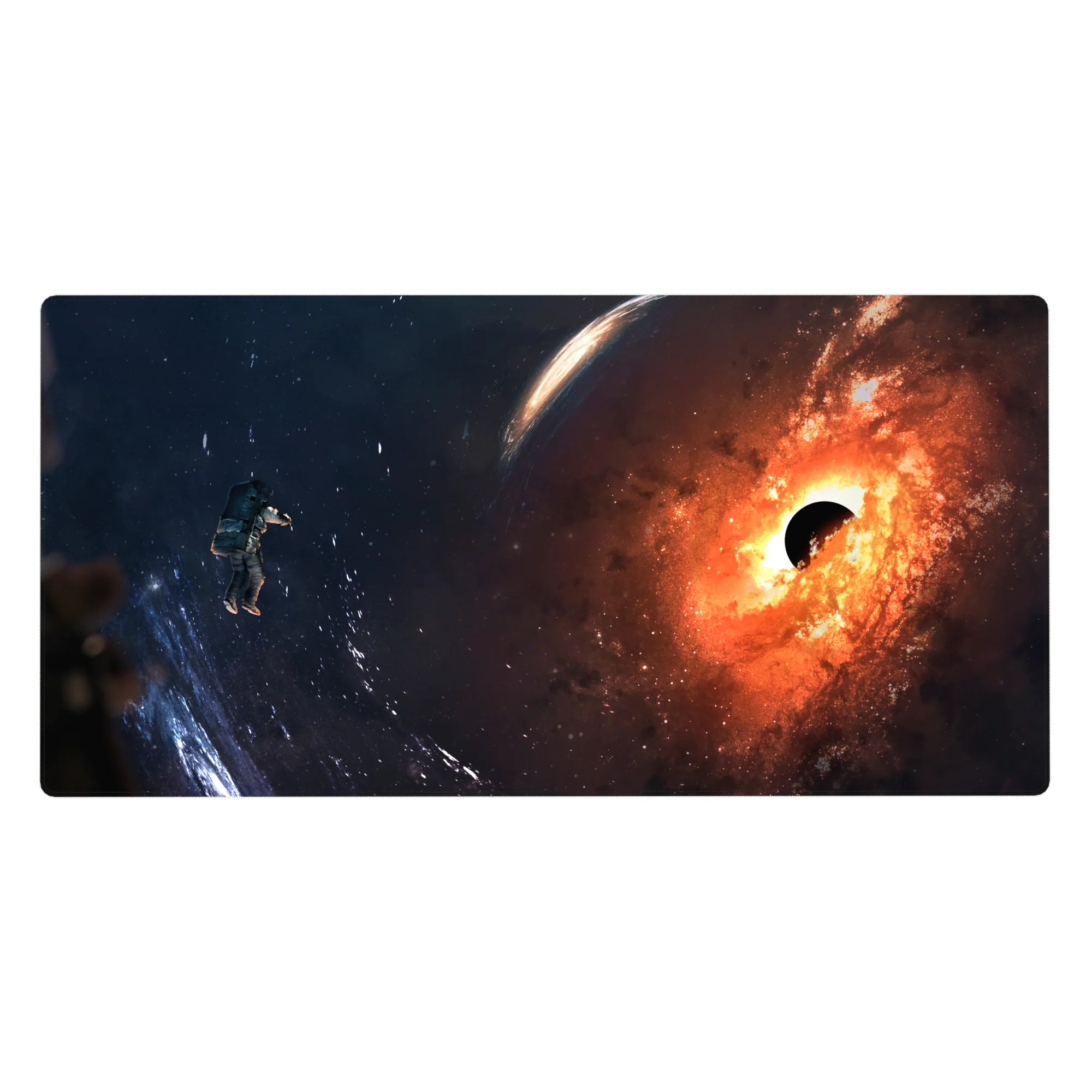 Galaxy nebula desk pad 40x20 inches with starry background, orange swirl, and small astronaut detail.