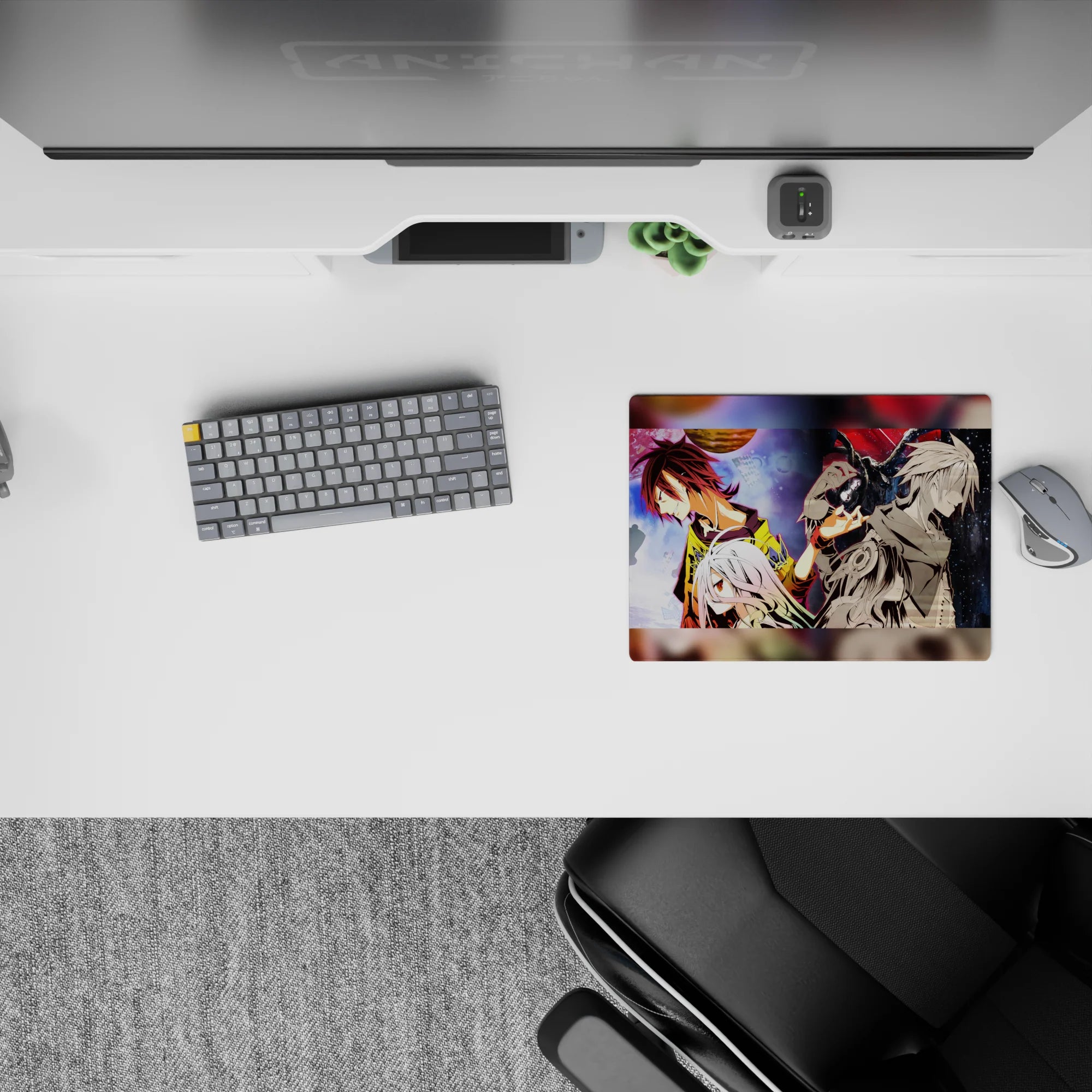 14x10 inches anime desk pad in yellow, white, and crimson tones with dreamy, intense cosmic mood.