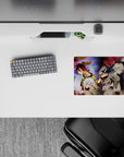 14x10 inches anime desk pad in yellow, white, and crimson tones with dreamy, intense cosmic mood.