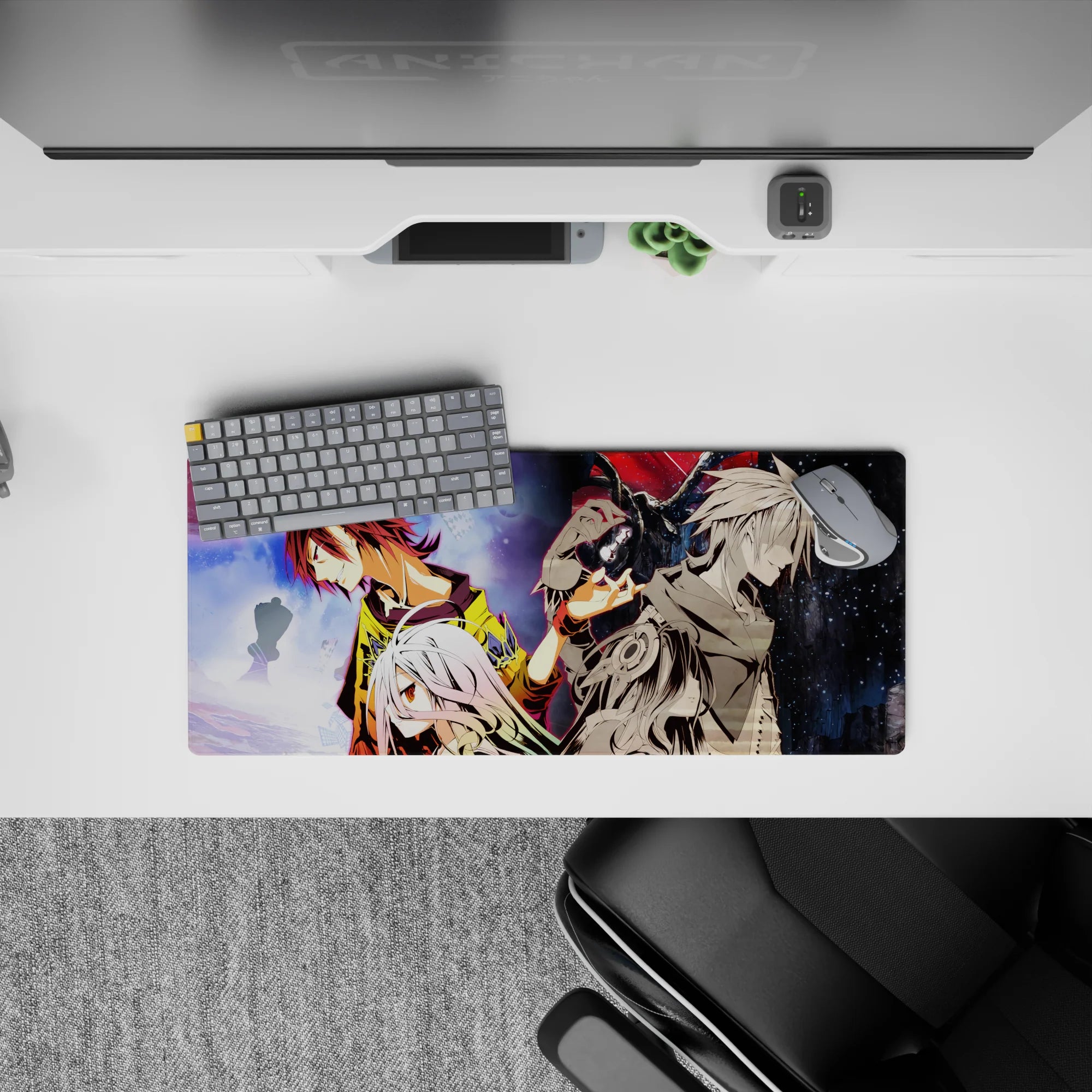 Anime desk pad 28x12 inches with yellow, white, and crimson cosmic art in a tense dreamy mood.