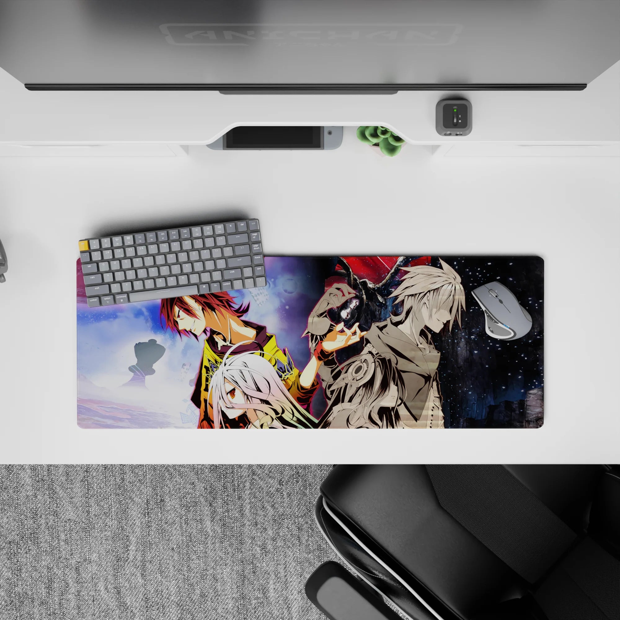 Anime desk pad 32x12 inches in yellow, lavender, and crimson with a tense cosmic fantasy mood.