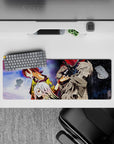 Anime desk pad 32x12 inches in yellow, lavender, and crimson with a tense cosmic fantasy mood.