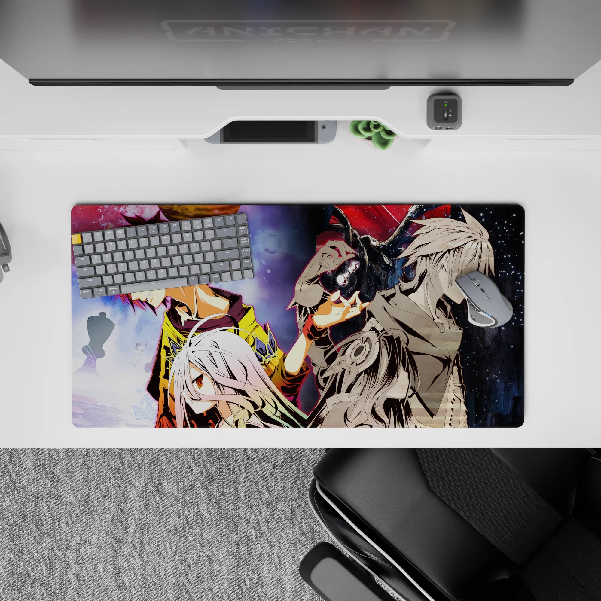 32x16 inches anime desk pad in yellow, white, and crimson with a dreamy, intense cosmic mood.