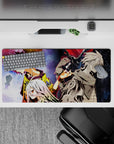 32x16 inches anime desk pad in yellow, white, and crimson with a dreamy, intense cosmic mood.